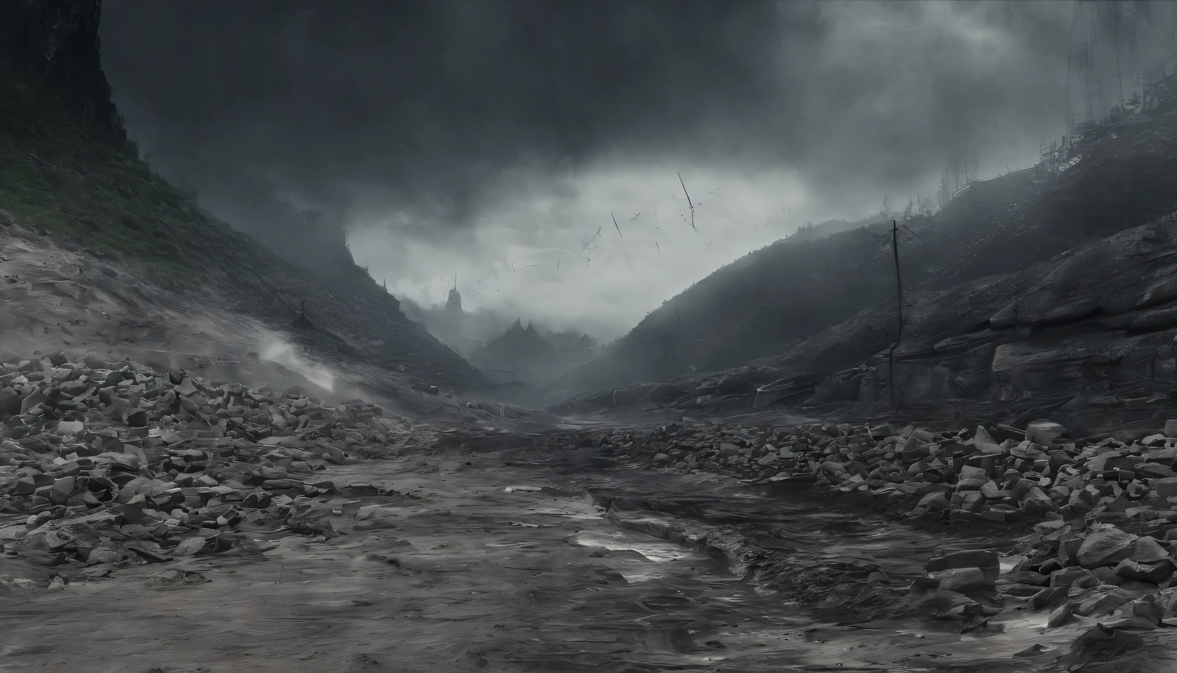 Low angle viewing angle,超现实主义艺术fantasy风格,史诗数字fantasy艺术风格,downpours:Stormy,Thick clouds,downpours成群,strong current,Supports soil movement。collapse:The mountainside begins to collapse,The boulders collapsed one after another,Gravel soil clods flying isolated,Bring great momentum。rolling mud flow:The mud slurry keeps rolling,dragging trees、rocks and gravel,Forming a huge and terrifying mudslide。Huge wave impact:Debris flow creates huge mud waves,as high as a mountain,Sweep everything,Destroy settlements and man-made structures。Destructive power:Wherever the mudslide goes,instantly razed to the ground,Destroy the valley、the way、bridge,turning the landscape into a ruin。Chaos scene:Gray black mud covered everything,Visibility is extremely low,Presenting a magical hazy scene。The sound is scary:Mudslides accompanied by roaring sounds,Water flushing、Grind and crush everything,Like a roaring beast。Humanity is frightened:Mudslides come quickly,People run for their lives in fear,The sight is unforgettable。destructive power:Mudslides carry large amounts of earth and rocks into rivers,cause blockage,cause floods,Bringing difficulties to subsequent recovery work。hope after darkness:After the mudslide,Although it is desolate,But it also shows people the domineering nature of nature,Arouse people's vigilance and awareness of protecting the environment。,Sci-fi atmospheric effects,Ultimate special effects,fantasy,Amazing sci-fi effects,extreme details,realistic light,epic composition,(intricate details),(Complex design,Ultra-detailed:1.2),art station,(masterpiece,best quality),ultra high definition,Cyberpunk--v 6,