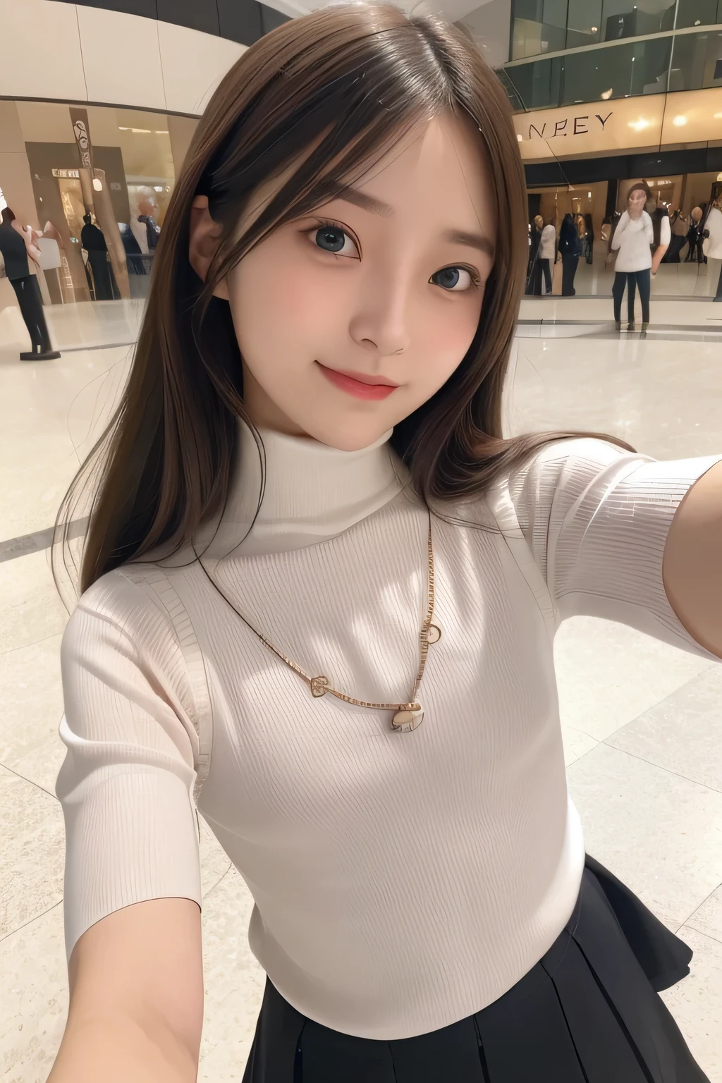 pieces fly、masterpiece、highest quality、Super detailed、High resolution、High resolution、8K portrait、unity 8k wallpaper、Detailed CG、unity 8k wallpaper、Detailed CGユニティ8kの壁紙、realistic、real person、portrait photography、shiny skin、(16 years old:1.2)、(cute:1.2)、High resolution、beautiful clear eyes、very detailed explanation、delicate face、nice lips、thin waist、thin legs、1 girl、(Shopping mall:1.3)、、(short sleeve turtleneck knit:1.3)、(pleated skirt:1.3)、(big smile:1.2)、(Self snap:1.5)、(flat chest:1.8)