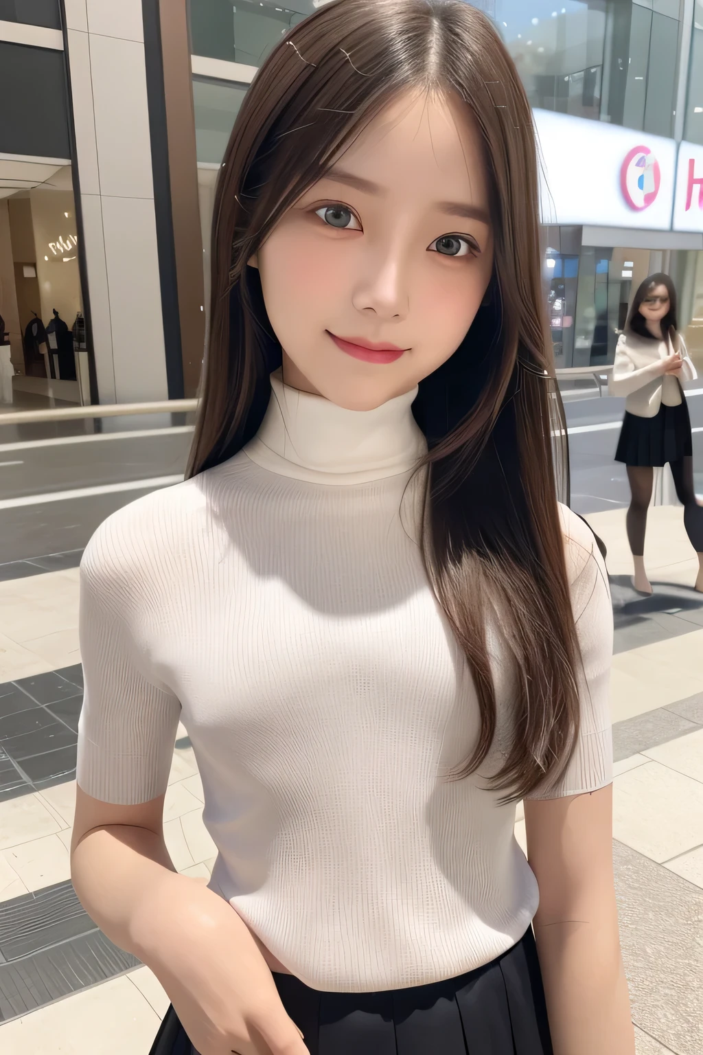 pieces fly、masterpiece、highest quality、Super detailed、High resolution、High resolution、8K portrait、unity 8k wallpaper、Detailed CG、unity 8k wallpaper、Detailed CGユニティ8kの壁紙、realistic、real person、portrait photography、shiny skin、（16 years old:1.2）、(cute:1.2)、High resolution、beautiful clear eyes、very detailed explanation、delicate face、nice lips、thin waist、thin legs、1 girl、(Shopping mall:1.3)、、(short sleeve turtleneck knit:1.3)、(pleated skirt:1.3)、(big smile:1.2)、(Self snap:1.5)、(flat chest:1.8)