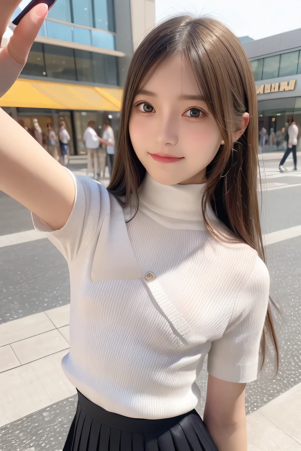 pieces fly、masterpiece、highest quality、Super detailed、High resolution、High resolution、8K portrait、unity 8k wallpaper、Detailed CG、unity 8k wallpaper、Detailed CGユニティ8kの壁紙、realistic、real person、portrait photography、shiny skin、(16 years old:1.2)、(cute:1.2)、High resolution、beautiful clear eyes、very detailed explanation、delicate face、nice lips、thin waist、thin legs、1 girl、(Shopping mall:1.3)、、(short sleeve turtleneck knit:1.3)、(pleated skirt:1.3)、(big smile:1.2)、(Self snap:1.5)、(flat chest:1.8)