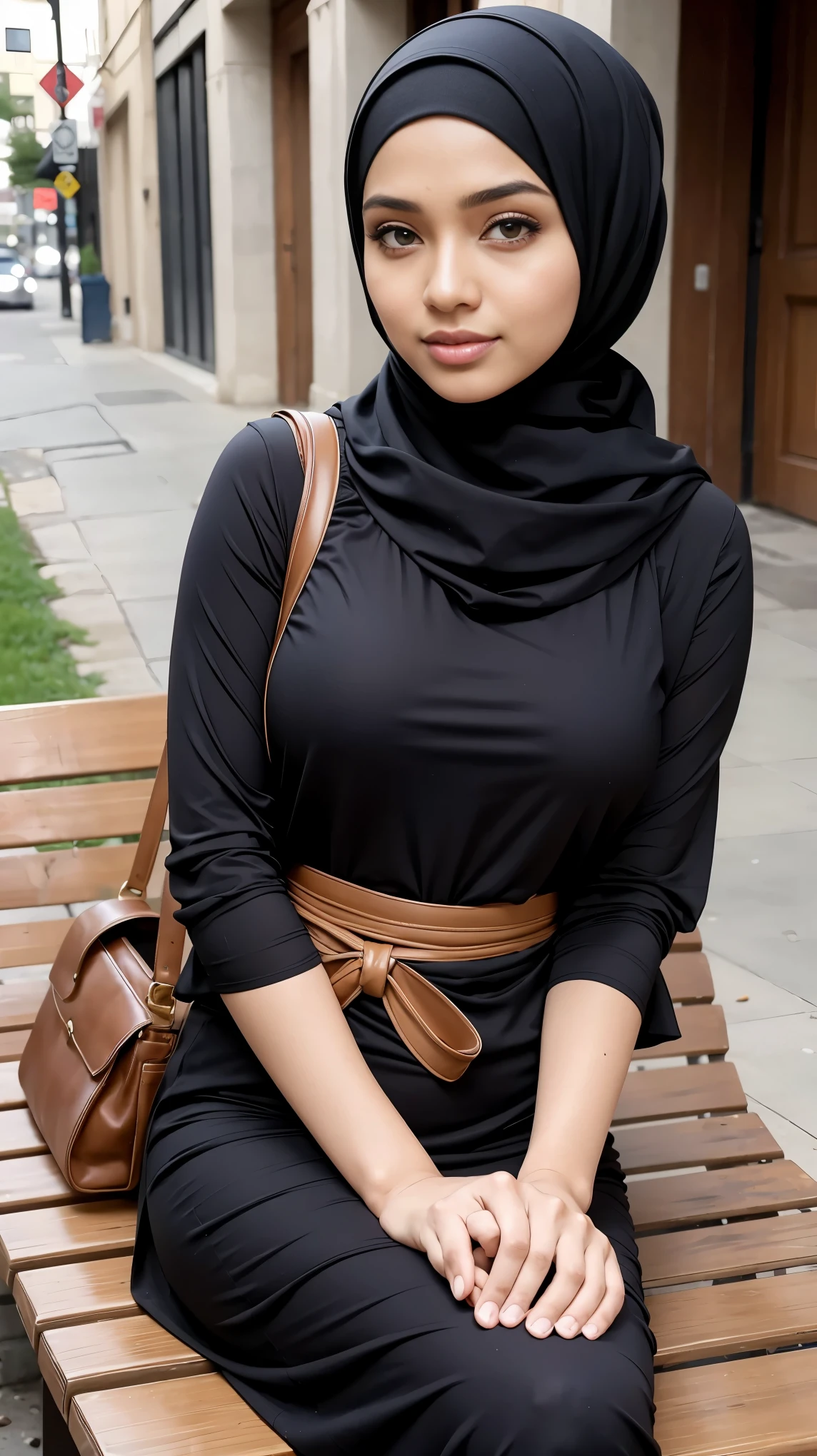 RAW, Best quality, high resolution, masterpiece: 1.3), beautiful Malay woman in hijab, Masterpiece, perfect fit body, big breasts,, beautiful big eyes, Soft smile, muslim ,close up, woman sitting on a bench in a black top and brown skirt, handsome girl, hijab, casual pose, with lovely look, lovely woman, cute woman, beautiful woman, instagram picture, beautiful lady, beautiful girl, in city street 