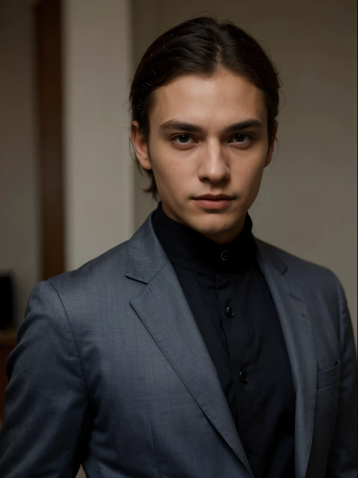 ((best quality)), ((masterpiece)), (detailed), perfect face, photo portrait, a man wearing a dark blue suit 
