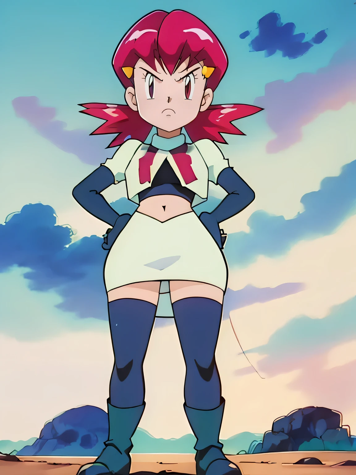 defwhitney, hair ornament ,glossy lips, earings,masterpiece, best quality, highres,team rocket uniform, red letter r, white skirt, white crop top, black thigh-high boots, black elbow gloves, glaring angrily, looking down at viewer, hands on hips, full body seen, zettai ryouiki