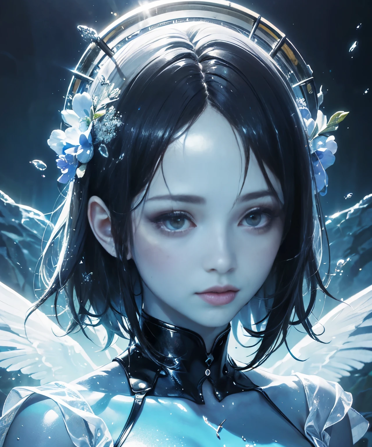 amphibious woman,deep species,blue skin,black eyes,yellowish spots,slimy skin,(best quality,4k,8k,highres,masterpiece:1.2),ultra-detailed,(realistic,photorealistic,photo-realistic:1.37), HDR,UHD,studio lighting,vivid colors,portraits,underwater,ethereal,shimmering light