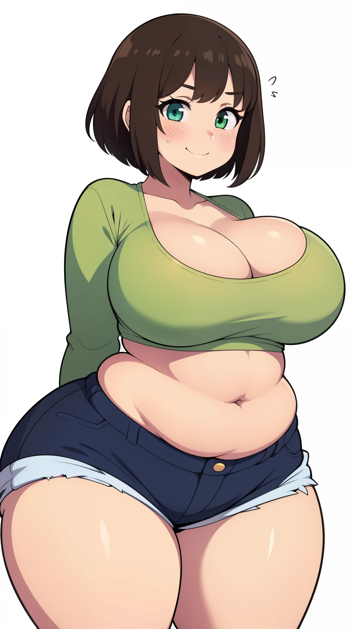 ((highres)), Masterpiece, high quality, best quality, beautiful, perfect lighting, detailed face, ultra cute face, ((1girl)), ((solo)), (blush), smiling, short brown hair, fluffy hair, green eyes, crop top, jean shorts, white background, (large breasts), cleavage, skinny, wide hips, ((thick thighs)), pudgy, chubby belly, standing, arms behind back,