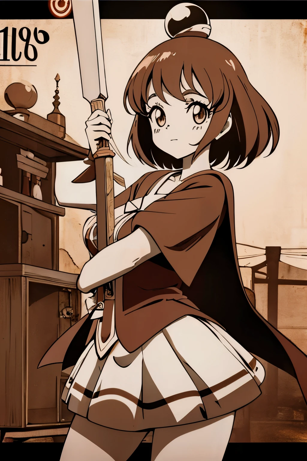 best quality, magical girl, 1960s wizard girl anime, retro sepia tone