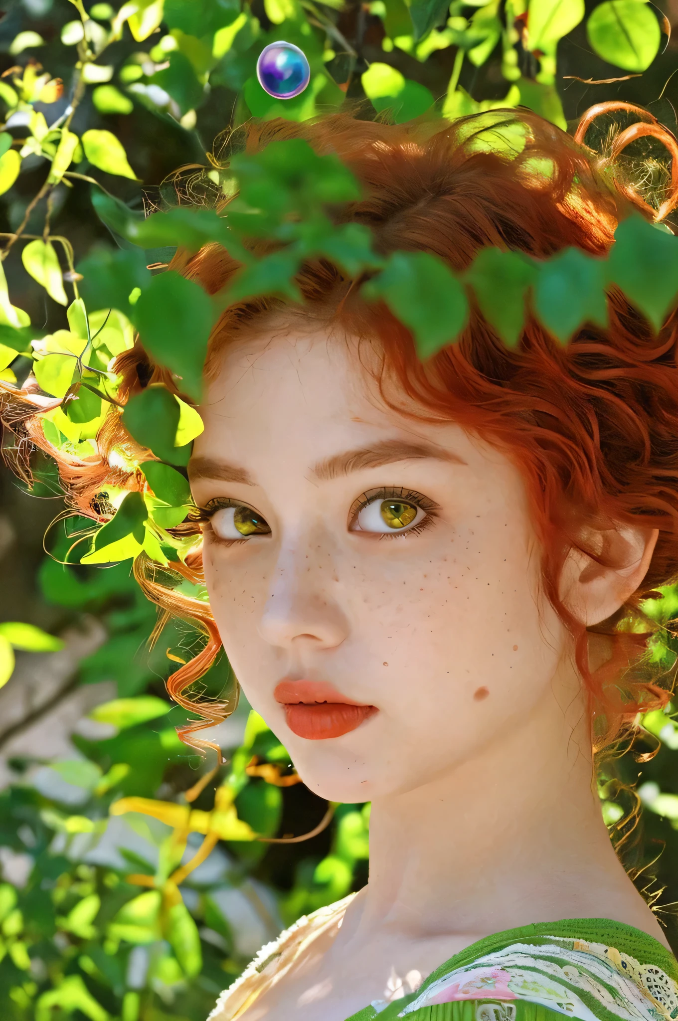 Woman with vibrant red hair and enchanting green eyes flawlessly captures the essence of beauty in a mesmerizing portrait. Striking hues of her cascading curls contrast vividly against the backdrop of a serene forest, as shafts of soft sunlight gently filter through the leaves, illuminating her captivating features. The intricacy of her delicate freckles and plush lip contours are accentuated by the gentle focus of a prime 50mm lens, while the vivid colors of her eyes are intensified by the harmonious interaction of the natural, dreamy light. An alluring aura surrounds her, accentuating the magnetic appeal of her authentic being. Her rad