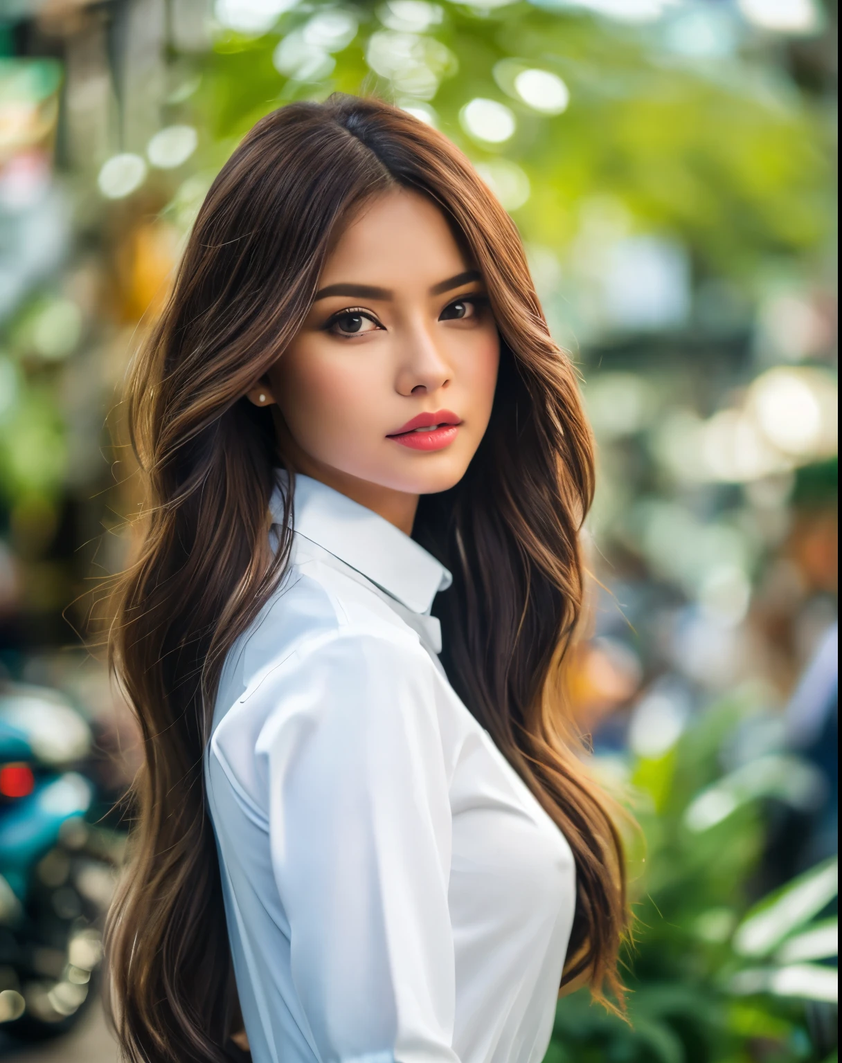 professional, (4k photo:1.1) by (Jeremy Lipking:0.3), (Dittmann Anna:0.3), (Arian Mark:0.3), (Sharp focus:1.3), high detail, wearing (tight shirt:1.2), beautiful detailed face, hazel eyes, long brown hair, (attractive young woman:1.3), (fashion wear:1.1), (sweetness :1.1), hourglass body shape, on the Bangkok street,
