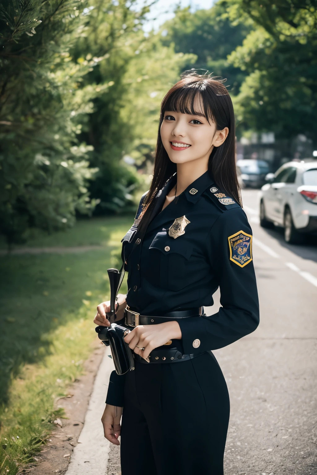 (top-quality、超A high resolution、​masterpiece:1.3)、Tall and beautiful woman、longeyelashes, Medium hair with bangs, longeyelashes, Parted lips, surrealism, drop shadow, anaglyph, Verism, depth of fields, Backlighting, Expose F/1.2, Super Detail, ccurate, Best Quality, masutepiece, Detailed moisturized eyes, Textured skin, Best Quality, in 8K, blurry backround, ((thin waist with muscular lines,,,,, skinny thigh:1.1, long legged)), ((Colossal )), Natural Color Lip, ssmile, Young woman in perfect style, (Police Officer Leather Uniform), Long Sleeve Leather Bondage Fashion, Wear black work boots, Futuristic city, There are a lot of cars on the road, (Belt with batons and pistols for foresters)