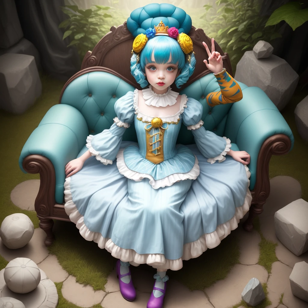 1girl, Melanie Martinez dancing around on the floor beautifully in her new music video titled, "Trickster", (1boy, stone statute, of a tall Godly man, dressed like a jester King, sitting on a giant throne), whimsical setting, wonderland inspired, magical, nature, nymph,rebirth, elements of free consciousness, realistic, CGI, highest quality, cinematic,bright vibrant tones,
