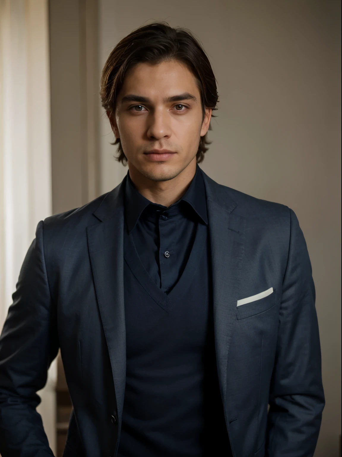 ((best quality)), ((masterpiece)), (detailed), perfect face, photo portrait, a man wearing a dark blue suit 