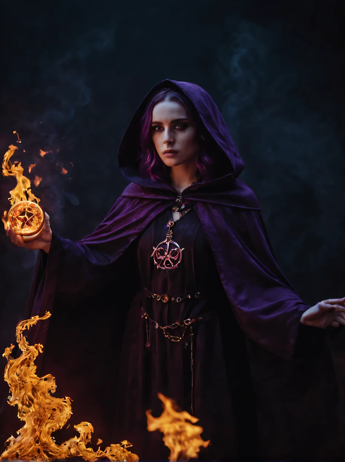 The girl necromancer magician is dressed in a dark necromancer cloak with fire signs and symbols., dark background, magical energy comes from the hands of a necromancer girl, Purple energy, dark gloomy atmosphere, high detail, cinematic frame, granularity, 8K