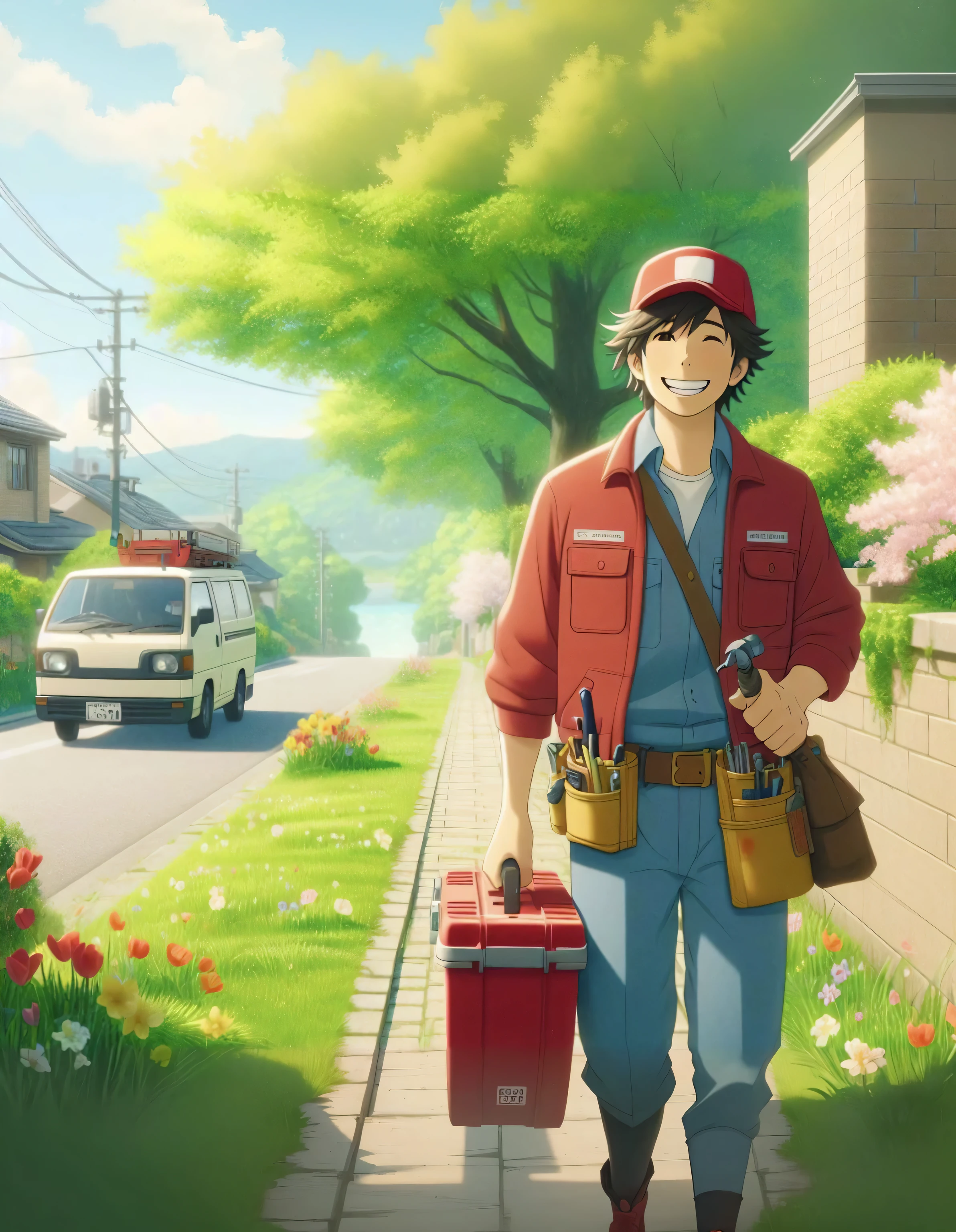 Cartoon character walking down the street with tool bag and toolbox, greg rutkowski Xin Haicheng, ( ( Xin Haicheng ) ), style of Xin Haicheng, Xin Haicheng. —h 2160, Xin Haicheng!, High quality anime stills, Moebius and Xin Haicheng, Xin Haicheng!!