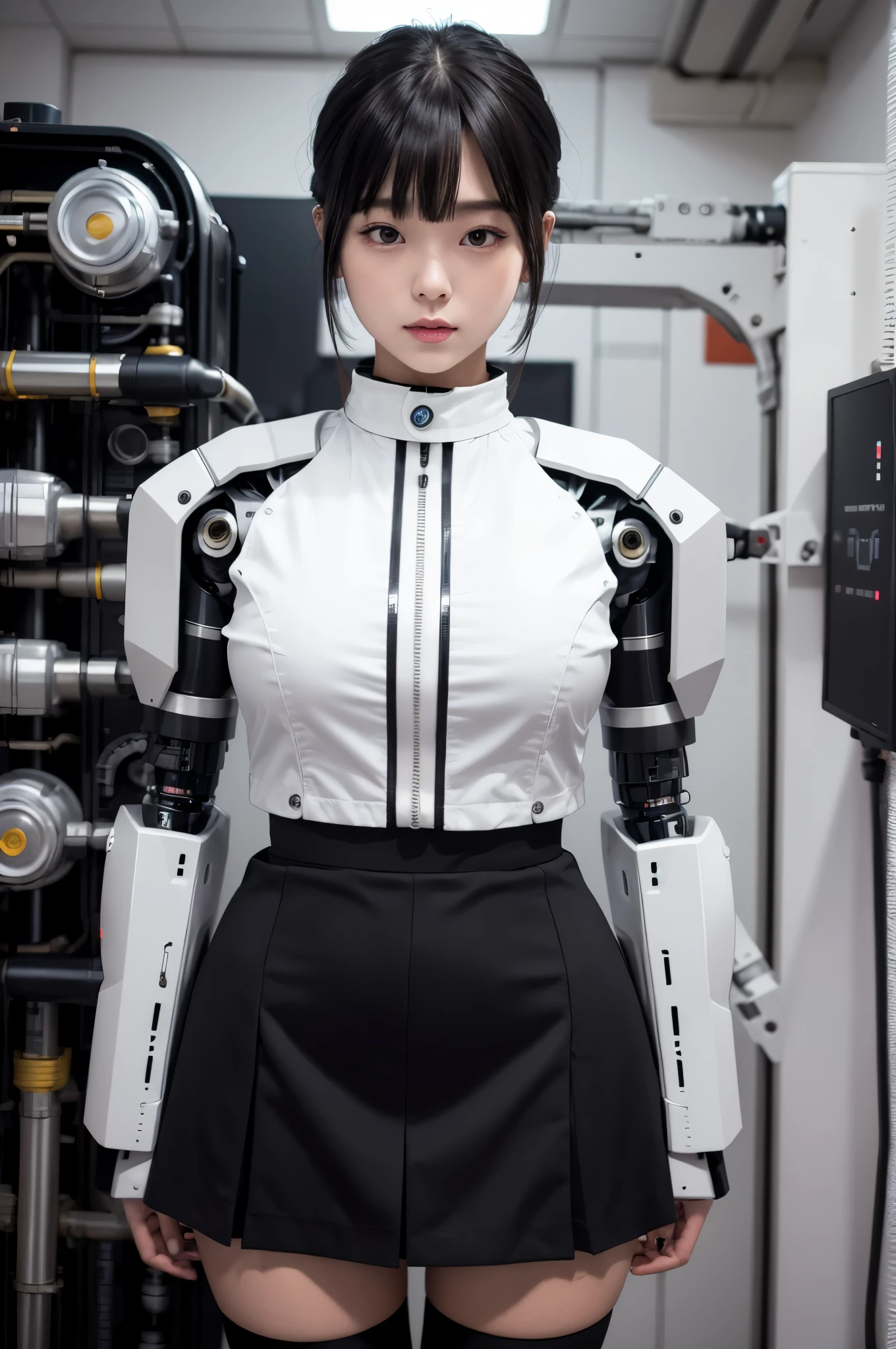 masterpiece, best quality, extremely detailed, Japaese android girl,Plump , control panels,android,Droid,Mechanical Hand, Robot arms and legs, Black hair,Blunt bangs,perfect robot girl,long tube,thick cable connected her neck,android,robot,humanoid,cyborg,japanese cyborg girl ,future laboratory,connecting a cable between the legs,skirt, high socks