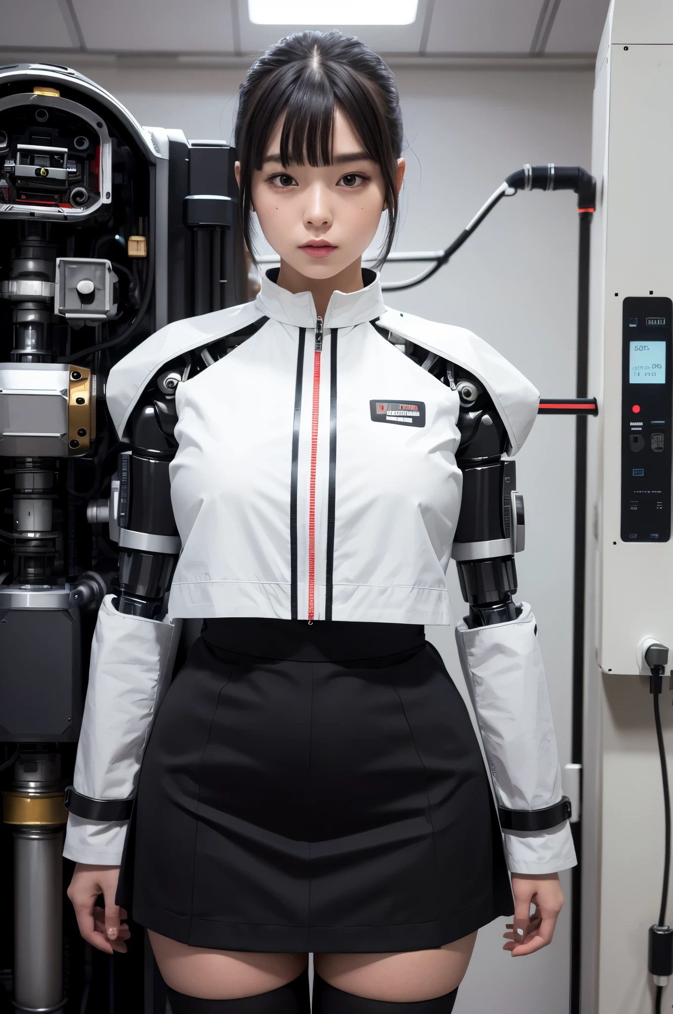 masterpiece, best quality, extremely detailed, Japaese android girl,Plump , control panels,android,Droid,Mechanical Hand, Robot arms and legs, Black hair,Blunt bangs,perfect robot girl,long tube,thick cable connected her neck,android,robot,humanoid,cyborg,japanese cyborg girl ,future laboratory,connecting a cable between the legs,skirt, high socks