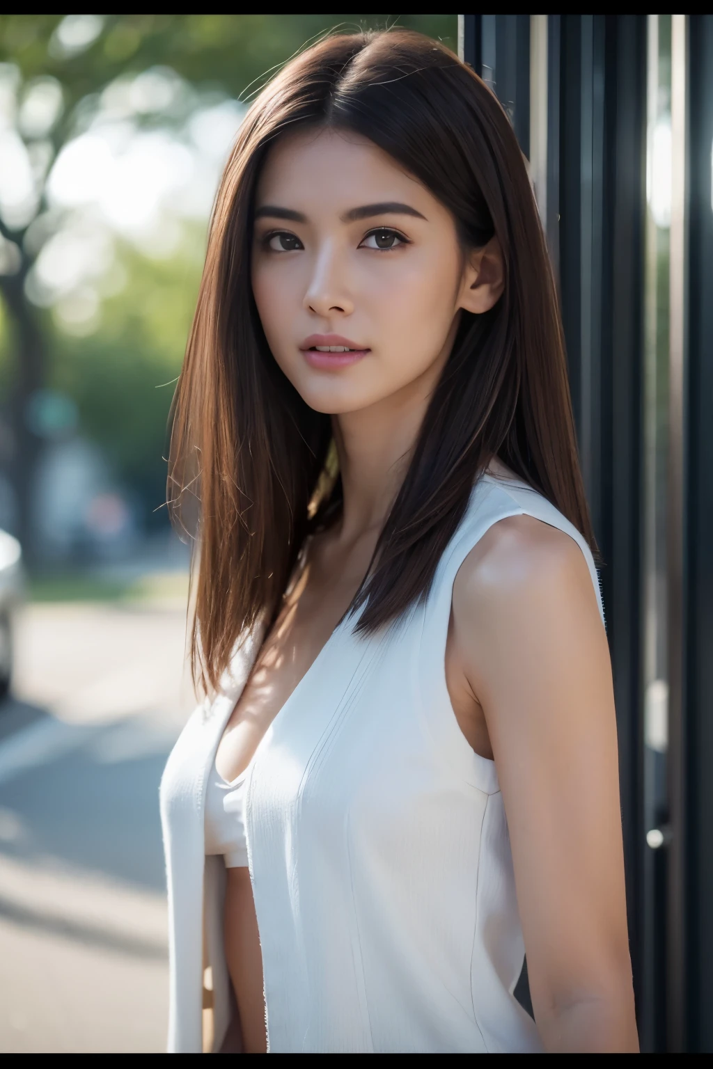 ((Realistic lighting、top-quality、8K、tmasterpiece:1.3))、Clear focus:1.2、Girl vs、perfect figure beautiful woman:1.4、Slim abs:1.1、((Dark brown hair、Big:1.3))、(Acceleration:1.4)、street、Tall、Slender face、Narrow eyes、二重まぶた、Swaying hair、Exposed cleavage、Gilet blanc