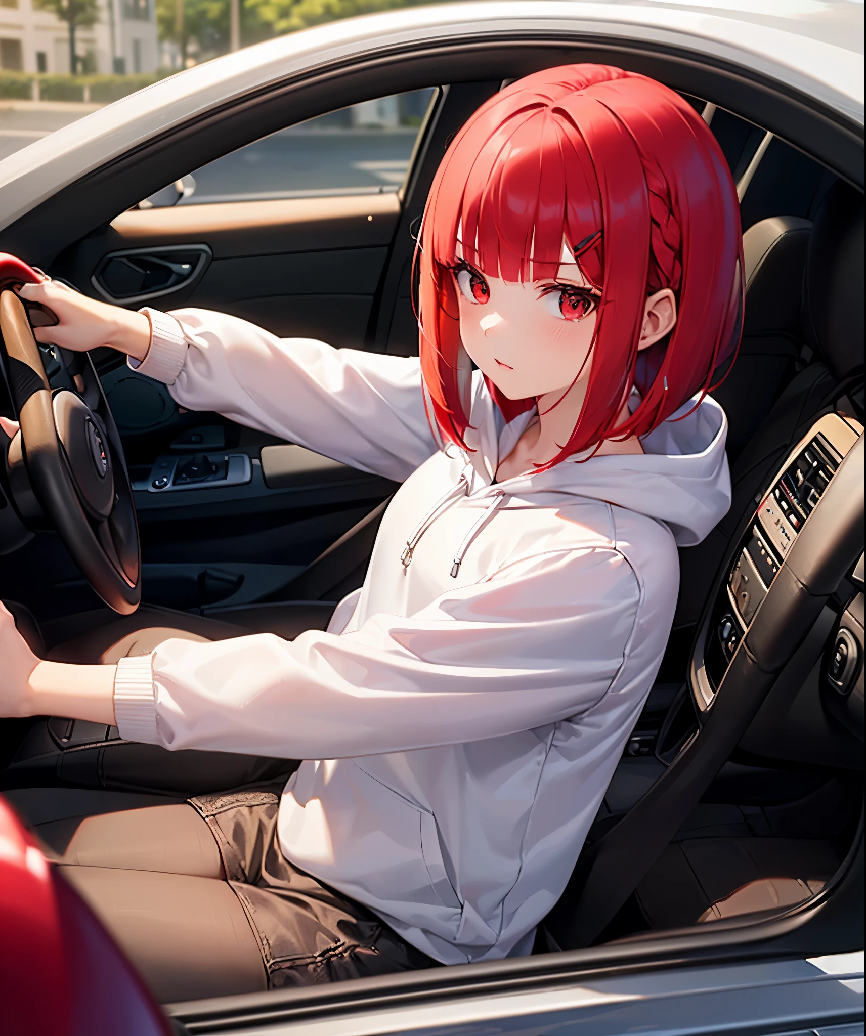 Highest image quality,8K beautiful detailed 1 young girl,(bright red hair:1.5),(short bob:1.5),red eyes,Braided hair,black oversized hoodie、black mini skirt,car,(Driving:1.3),(Gripping the steering wheel with one hand:1.3)