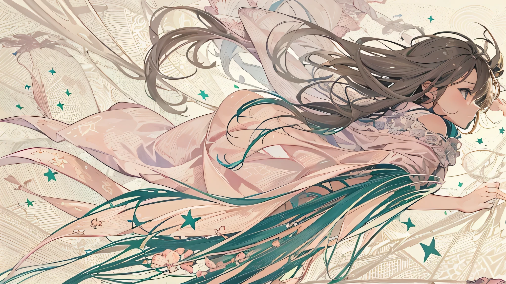 ((the celestial godness wave her arm )),(((glint shimmer spread from her hand and fall on the ground))), epic storry,best quality,extra detail,（（Wallpaper design concept drawing）））