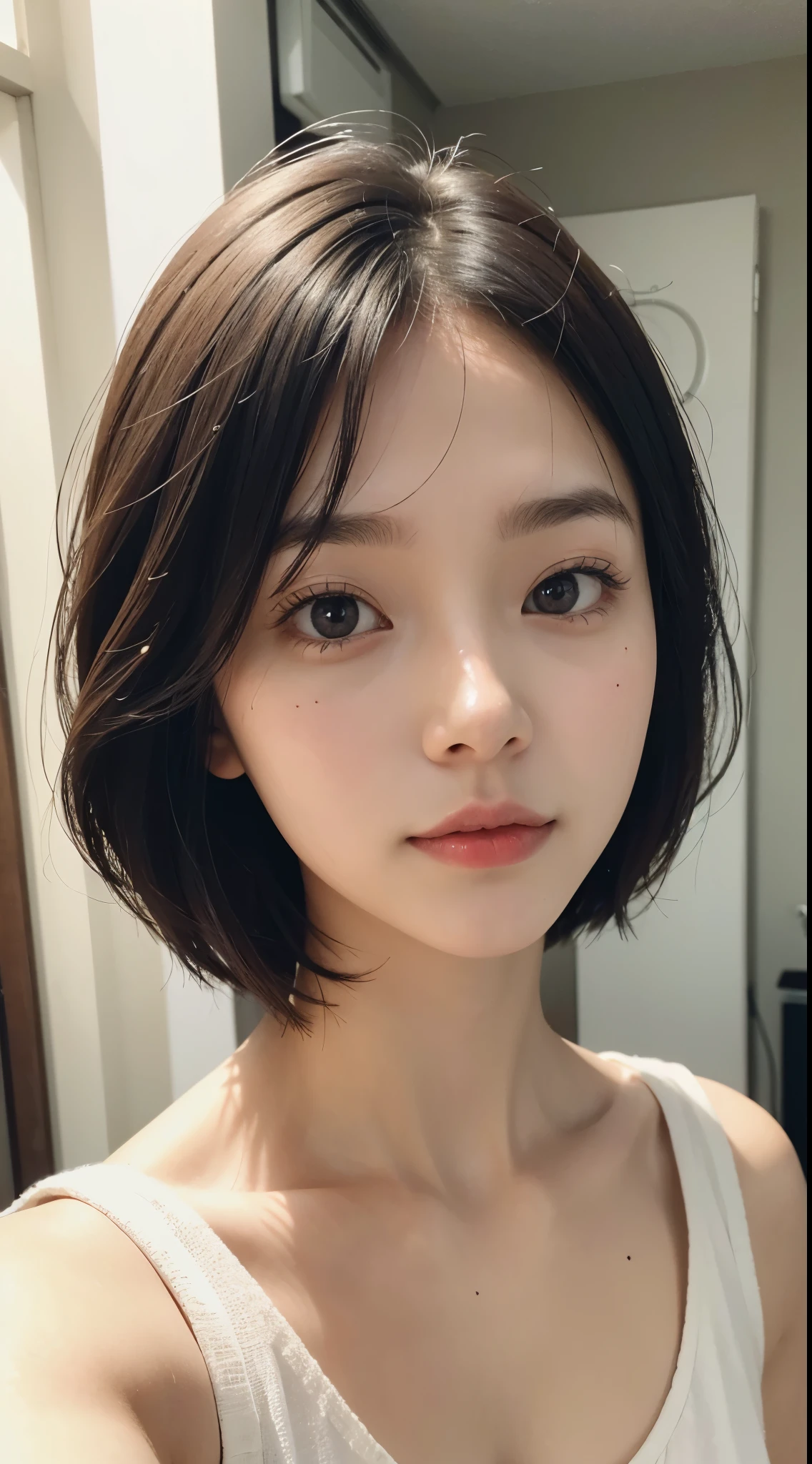 Woman looking at camera、one young 、upward glance、no makeup、No makeup、Take a selfie with your phone、cute pose、influencer、Instagram、room、morning、room着、short cut hair、close up of face
