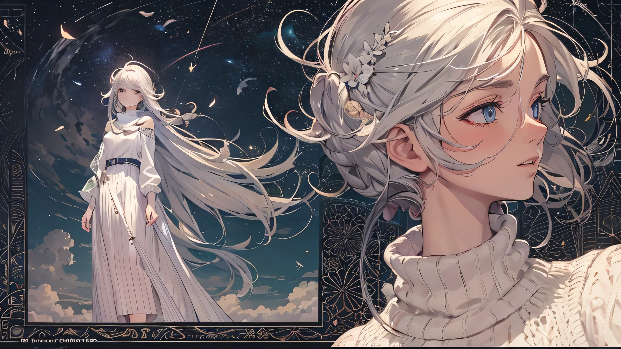 ((the celestial godness wave her arm )),(((glint shimmer spread from her hand and fall on the ground))), epic storry,best quality,extra detail,（（Wallpaper design concept drawing）））