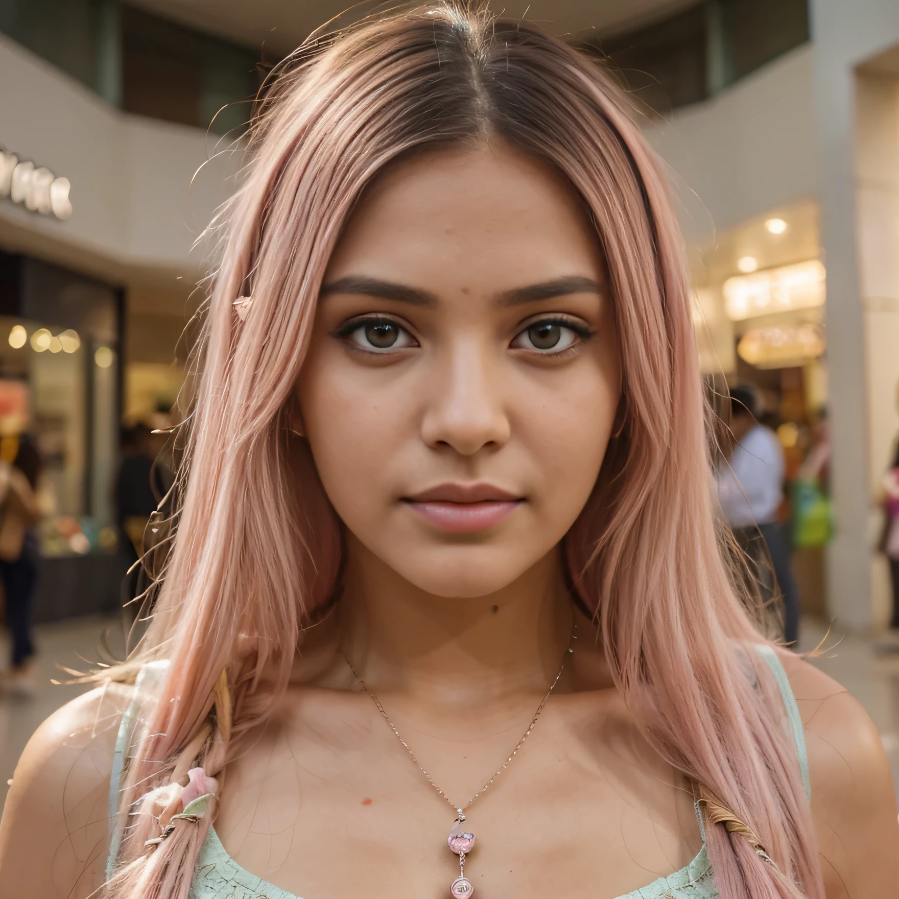 straight hair, baby pink hair, photorealistic, ultra-high resolution, intricate, hyper-detailed, cute, feminine, , depth of field, (detailed face: 1.5), (outlined iris), (perfect eyes), 8K, gorgeous, (masterpiece: 1.2), (best quality: 1.2), , , bright light on face , camera lense focus on face aesthetic , perfect hands, indian traditional wear , salwar and kurti, in a shopping  mall

