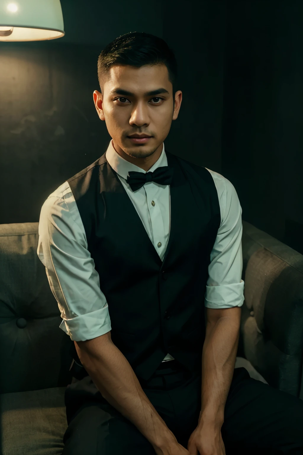 To English
Google
To Hindi
Template
English to Tagalog
To Spanish
Voice
English to French
English to Urdu
DeepL Translate
Indonesian
English
Seorang Pria Indonesia Umur 25 tahun, badan tinggi kurus Rambut Buzz Cut pendek rapi, memakai kemeja putih berdasi warna hijau, vest formal warna hitam dibalut jas warna hitam mewah sedang duduk bersandar di sofa 1 seater warna hijau bergaya seperti eksekutif muda. pencahayaan menggunakan softbox profesional. dibelakang pria tersebut ada lampu neon warna biru dan magenta bertuliskan "Bagoes". suasana terlihat santai dan ekslusif.
An Indonesian man, 25 years old, tall, thin, neat short Buzz Cut hair, wearing a white shirt with a green tie, a black formal vest wrapped in a luxurious black jacket, is sitting leaning on a green 1 seater sofa, looking like a young executive. lighting using professional softbox. Behind the man there is a blue and magenta neon sign that says "Bagoes". the atmosphere looks relaxed and exclusive.