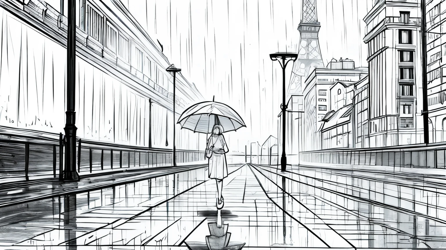 sketch. In the dimly lit and rainy nights, a woman in her twenties walks down a Paris street with an umbrella . The raindrops glisten against the ground, casting a subtle reflection as the individual walks with a sense of solitude, shielded by the shelter of an umbrella.