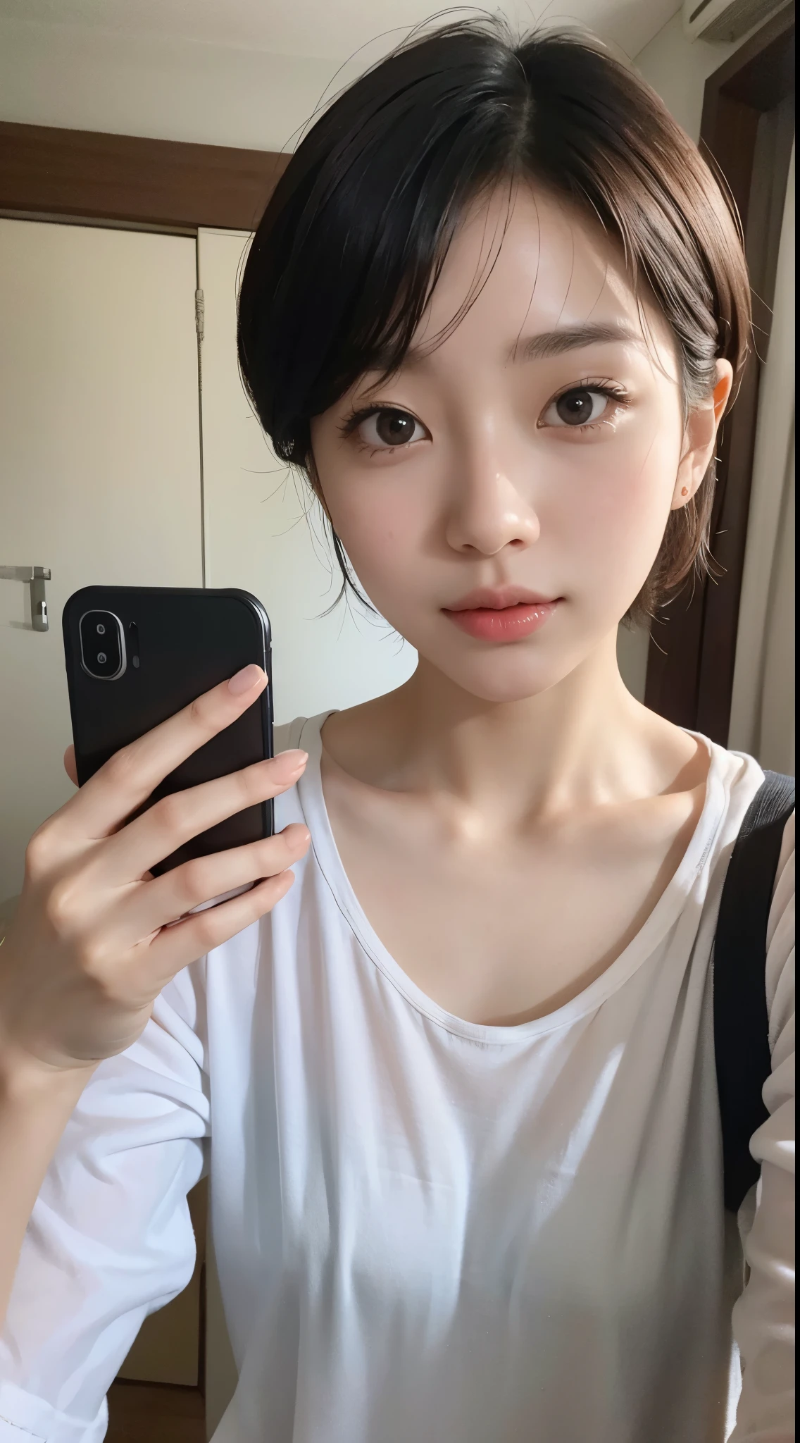 Woman looking at camera、one young 、upward glance、no makeup、No makeup、Take a selfie with your phone、cute pose、influencer、Instagram、room、morning、room着、short cut hair、close up of face