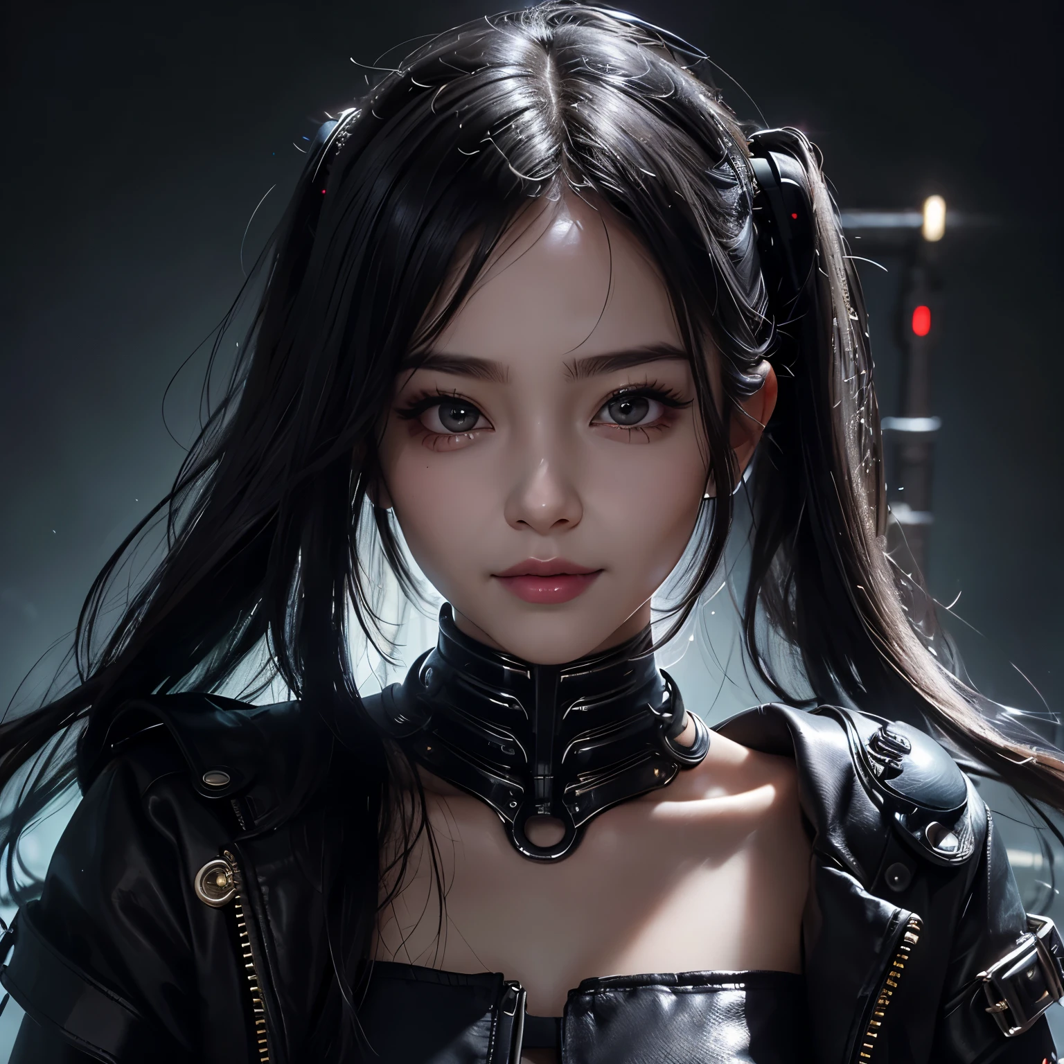 masterpiece, highest quality, masterpiece, Godlike quality, highly detailed face, very realistic, cute, young girl, smile, Big eyes, long eyelashes, shiny skin, shiny skin, Black mask, cyberpunk mask, Black mask, cyberpunk mask