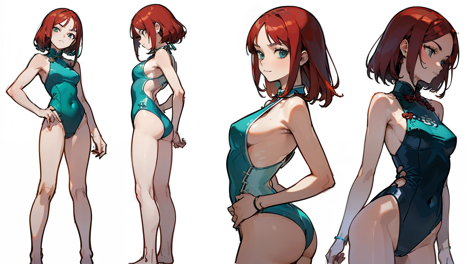 ((Best Quality)), ((Masterpiece)), ((Realistic)) 19 year old, redhead girl, shoulder length hair, relaxed happy face ((slender)) (busty), ((( cheongsam turquoise one piece swimsuit ))) ((sexy )) corkscrew hairstyle (((detailed character sheet, frontal view, side view, three quarter view))) (((white background))) 6 and a half heads full body