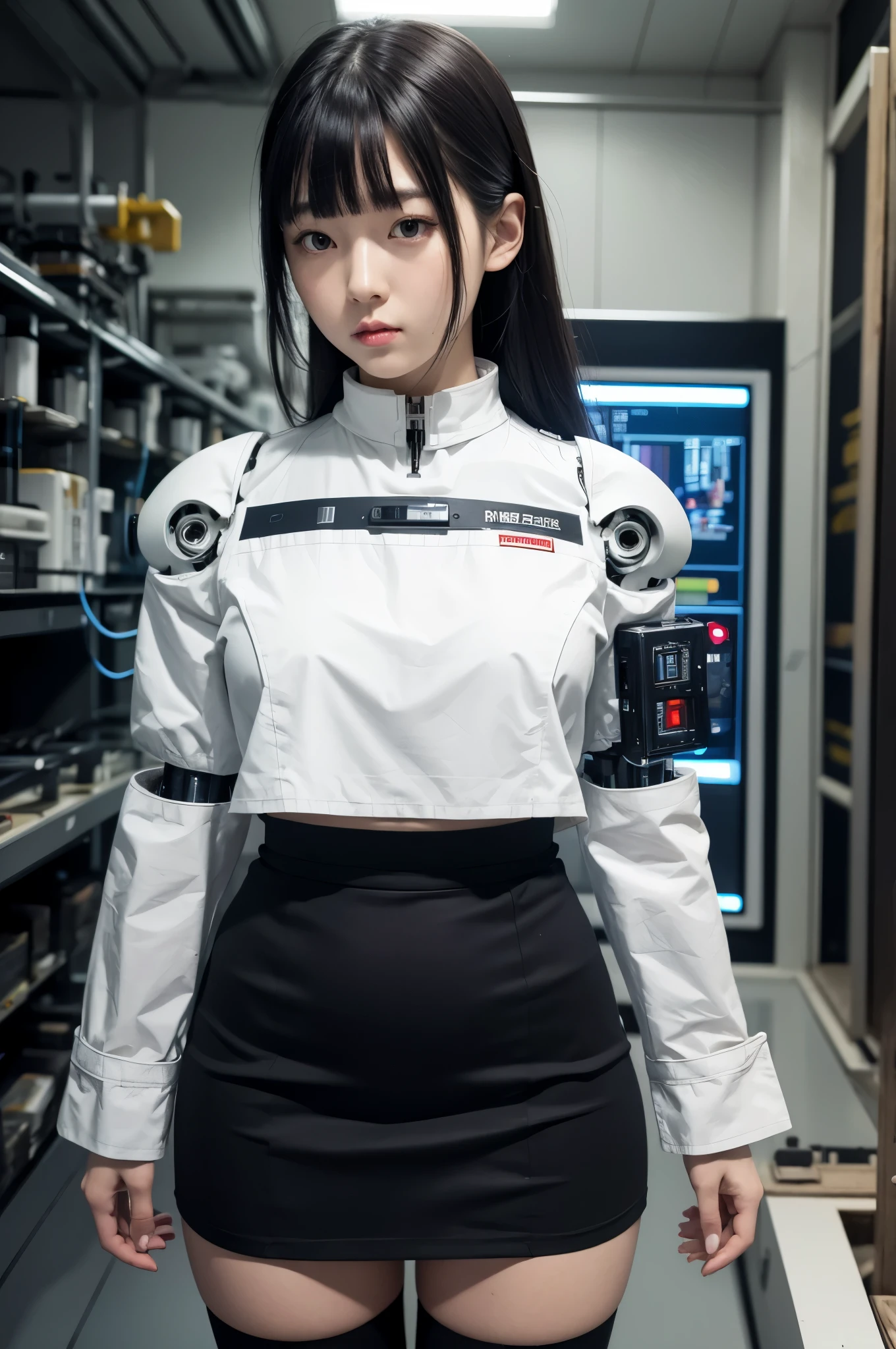 masterpiece, best quality, extremely detailed, Japaese android girl,Plump , control panels,android,Droid,Mechanical Hand, Robot arms and legs, Black hair,Blunt bangs,perfect robot girl,long tube,thick cable connected her neck,android,robot,humanoid,cyborg,japanese cyborg girl ,future laboratory,connecting a cable between the legs,skirt, high socks