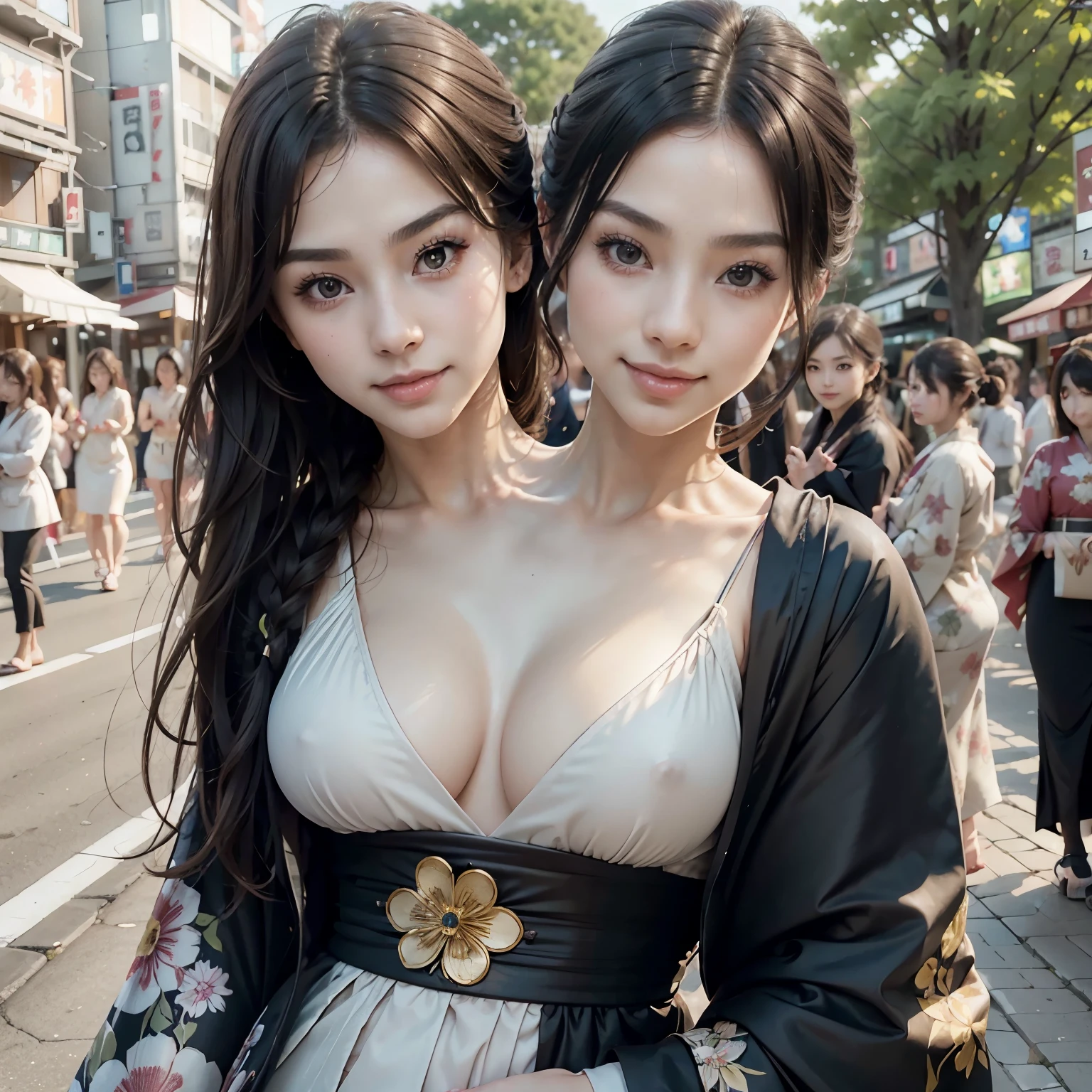 (((top quality, 8k, masterpiece))), crisp focus, (beautiful woman with perfect figure), slender, (hairstyle: up)), ((kimono: Kara)), street: 1.2 Highly detailed face and skin texture Detailed eyes Double eyelids random posture, (smile),super cute Japan person,super beauty Japanese girl, realistic face, double eyelid,smile,summer festival , at sunset ,fire-works back-ground. (Two heads)