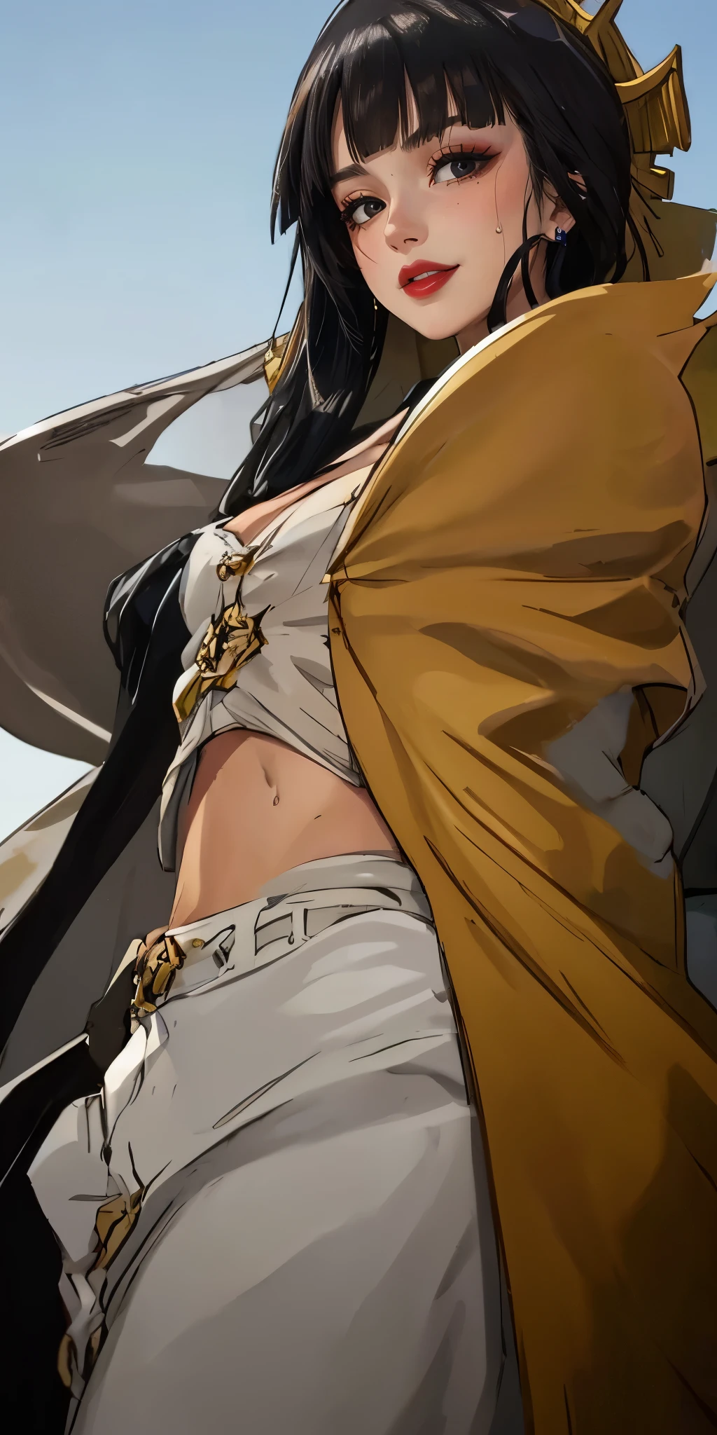 Boa Hancock, topless, big breasts, big ass, facing away from camera, black hair, black eyes,