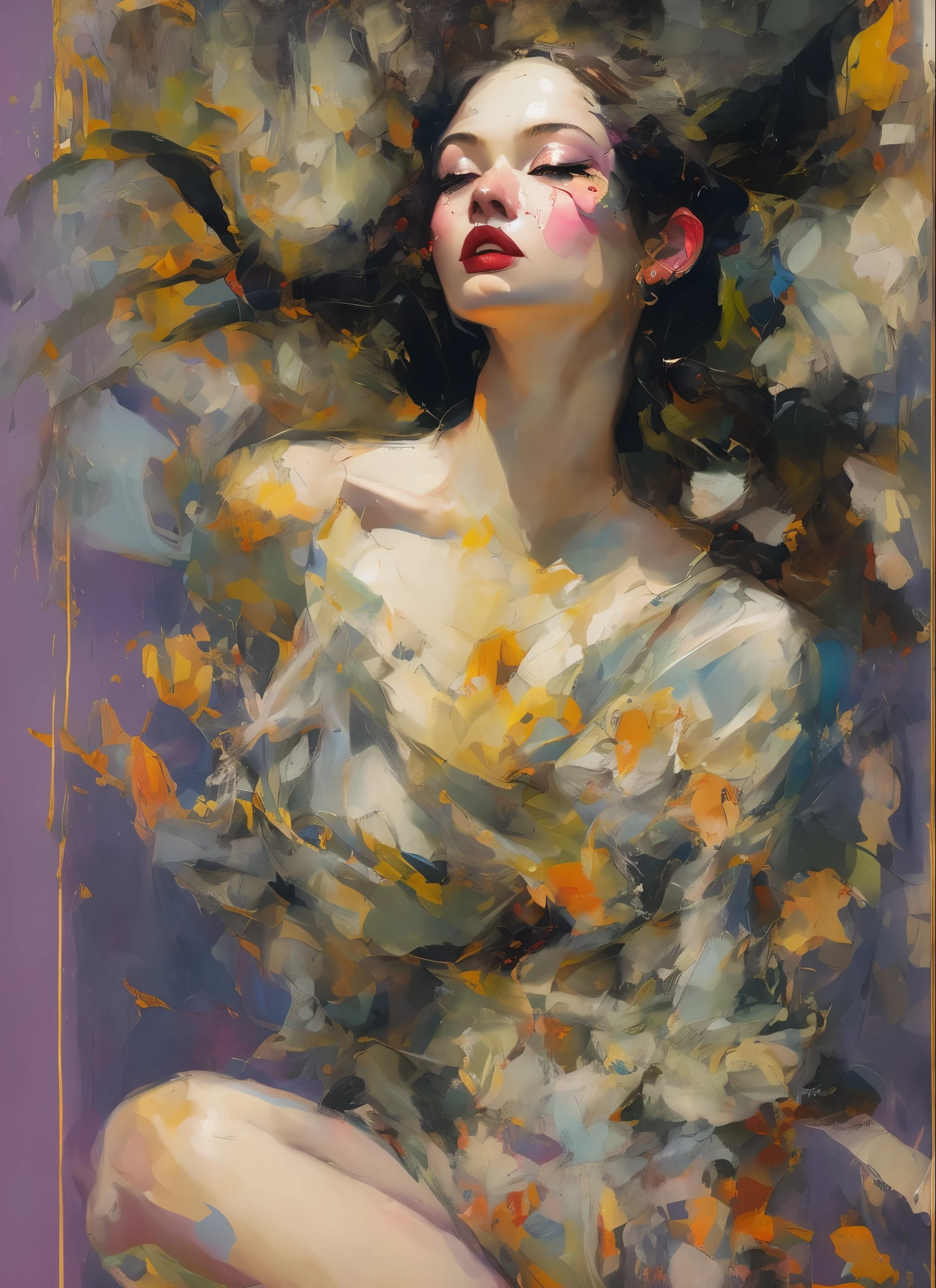 in the style of adrian ghenie, esao andrews, jenny saville, edward hopper, surrealism, dark art by james jean, takato yamamoto, inkpunk minimalism, A beautiful woman in a pose, in spring, artbook, game_cg, Japanese, Plump,Portrait of a stunningly beautiful,   fashion editorial, studio photography, magazine photography, pointed nose, blurry background