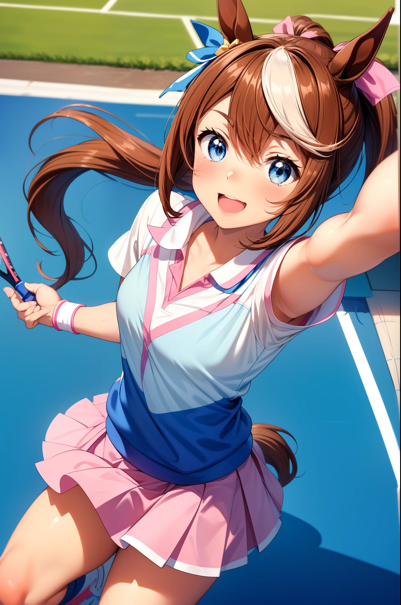 masterpiece, highest quality,
tokai teio \(umamusume\),
From above, upward, look up, smile, open your mouth, brown hair waving, ponytail, (horse ears:1.2), (A brown horse tail grows:1.), blue ribbon on ear, pink ribbon in hair, (tennis wear:1.3), (light blue skirt:1.2), (tennis racket:1.1), Wristband, Tennis court, Holding a racket