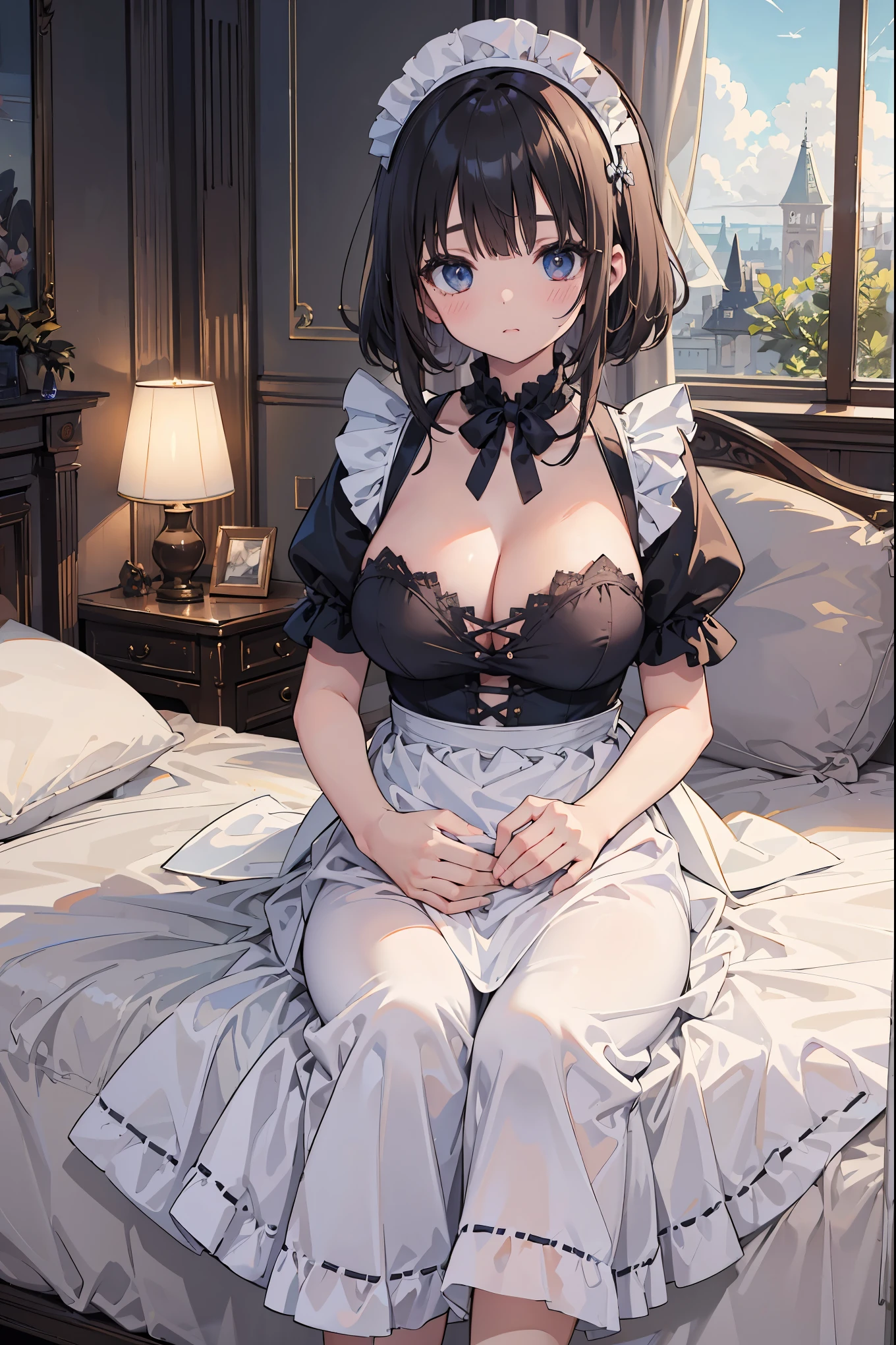 masterpiece、Super detailed, highest quality、photorealistic stick、 1 girl、Marquis' daughter、Sharp eyes、bulging face、white skin、plump body、、(cleavage)、((Breastfeed))、Super large breasts that are very soft and sway、「Even the 3,000 beauties of the inner palace fade... their rich hair、flower-like face」、long dress for aristocrats, puffy sleeves, full hem,fluffy ruffles、lace material、clavicle、maid apron, maid headdress, cowboy shot, blush, upward glance、Bruises and gestures、cute、Anyway it's cute、So absurdly cute, Bedroom,