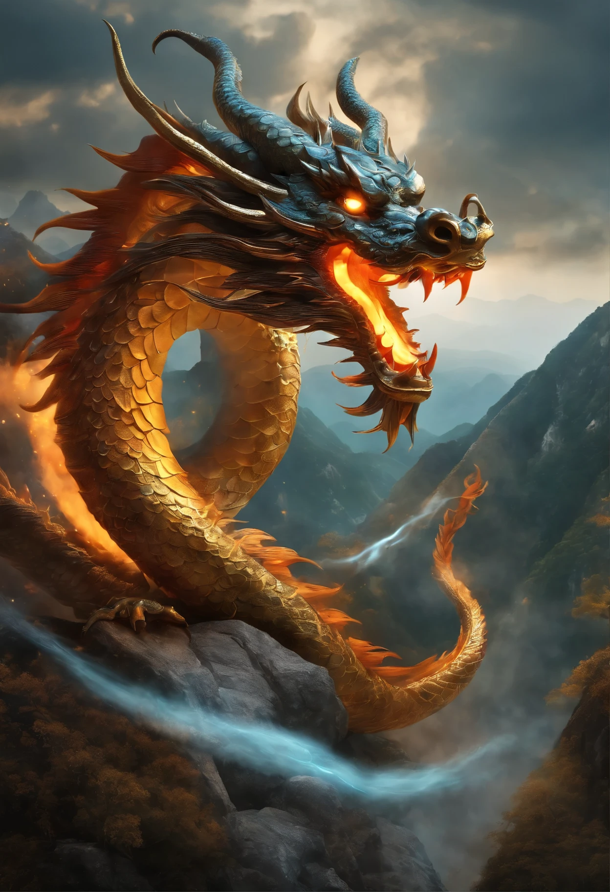 best quality,ultra-detailed,realistic:1.37,((Chinese dragon)),detailed features,long whiskers,sharp fangs,dancing in the sky,fiery breath,glittering scales,mythical creature, vibrant colors,traditional ink painting style,serpent-like body,majestic presence,celestial guardian,golden aura,luminous eyes,poised claws,mountainous landscape,stormy skies,illuminating the night,dragon's pearl,ancient folklore, power and wisdom,profound cultural symbol,folk celebrations and parades,lucky charm,bringing prosperity and good fortune