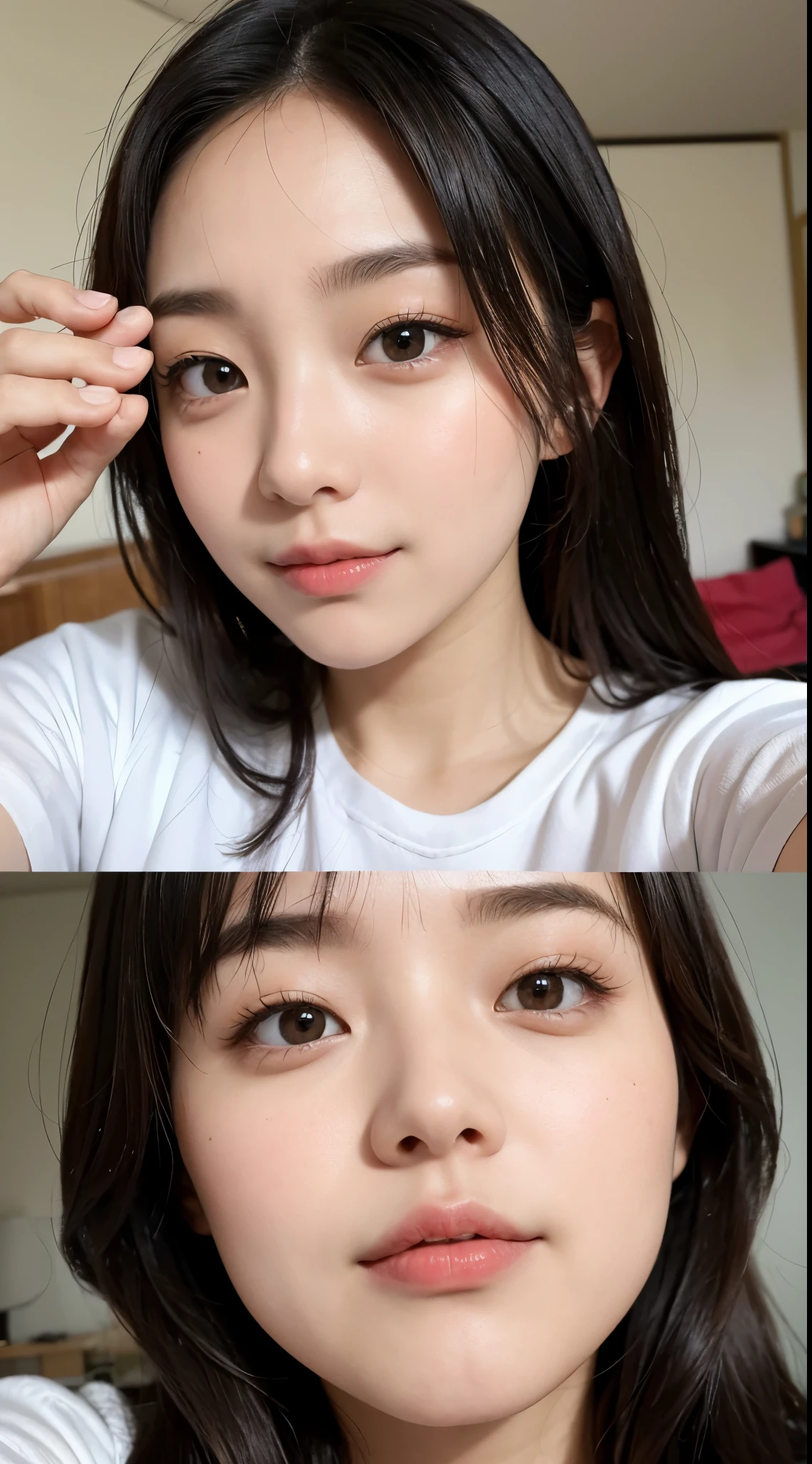 Woman looking at camera、one young 、upward glance、no makeup、No makeup、Take a selfie with your phone、cute pose、influencer、Instagram、room、morning、room着、close up of face、The mouth is slightly open、wink