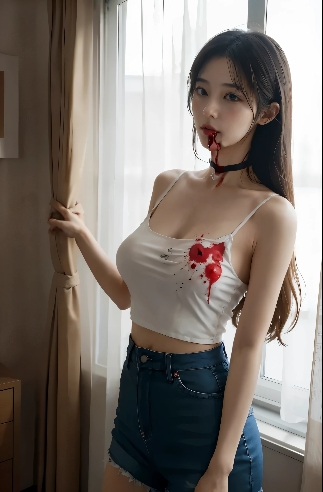 In the mouth有血，In the mouth，Blood is flowing down the neck，bright red blood，Vomiting a lot of blood
