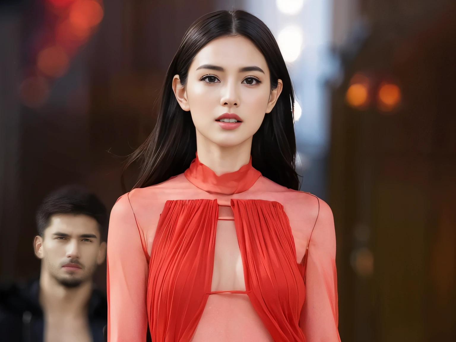 ((Realistic lighting、top-quality、8K、tmasterpiece:1.3))、Clear focus:1.2、Girl vs、perfect figure beautiful woman:1.4、Slim abs:1.1、((Dark brown hair、Big:1.3))、(Acceleration:1.4)、street、Tall、Slender face、Narrow eyes、二重まぶた、Swaying hair、Exposed cleavage、Gilet blanc