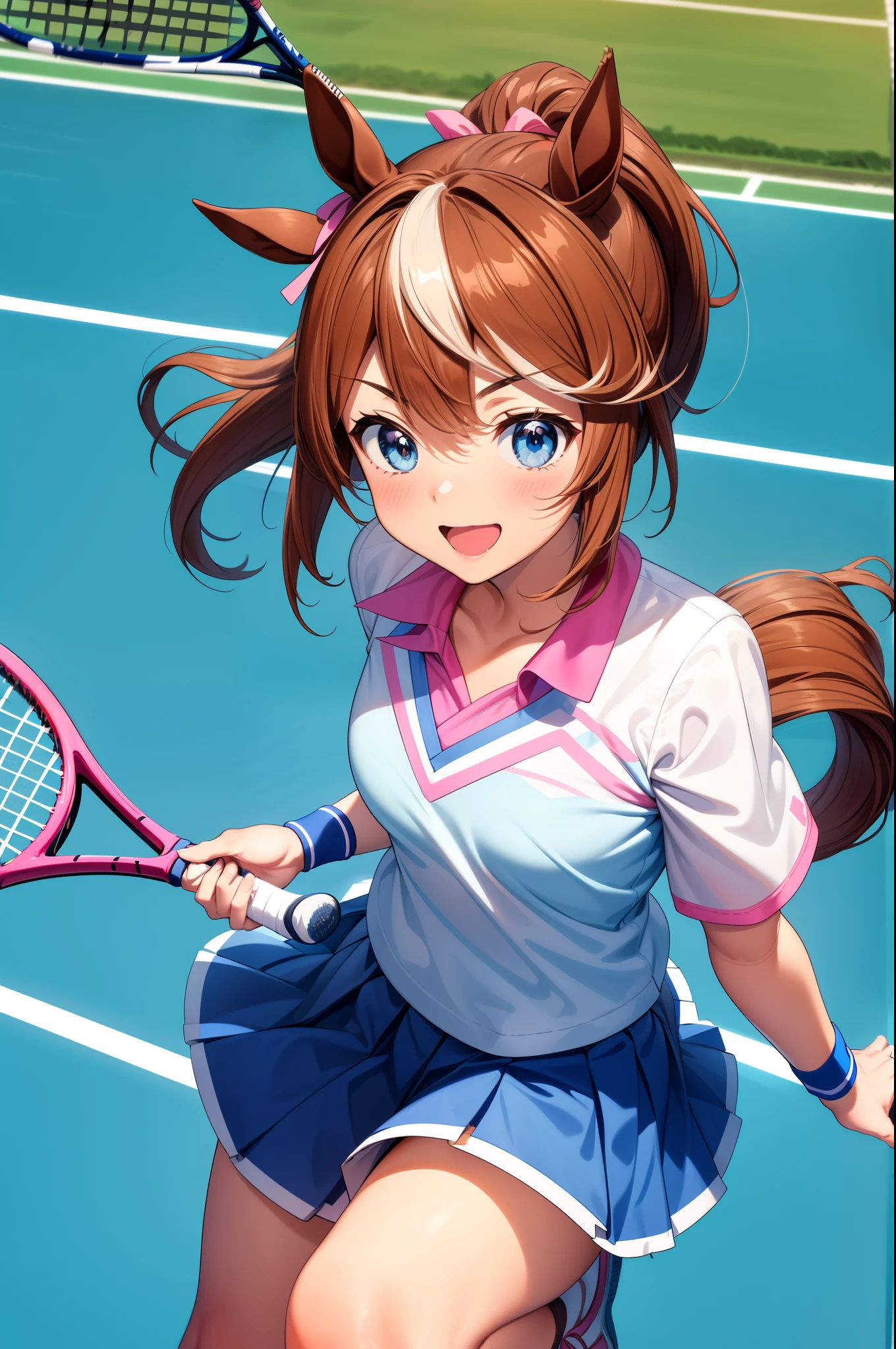 masterpiece, highest quality,
tokai teio \(umamusume\),
From above, upward, look up, smile, open your mouth, brown hair waving, ponytail, (horse ears:1.2), (A brown horse tail grows:1.), blue ribbon on ear, pink ribbon in hair, (tennis wear:1.3), (light blue skirt:1.2), (tennis racket:1.2), Wristband, Tennis court, Holding a racket