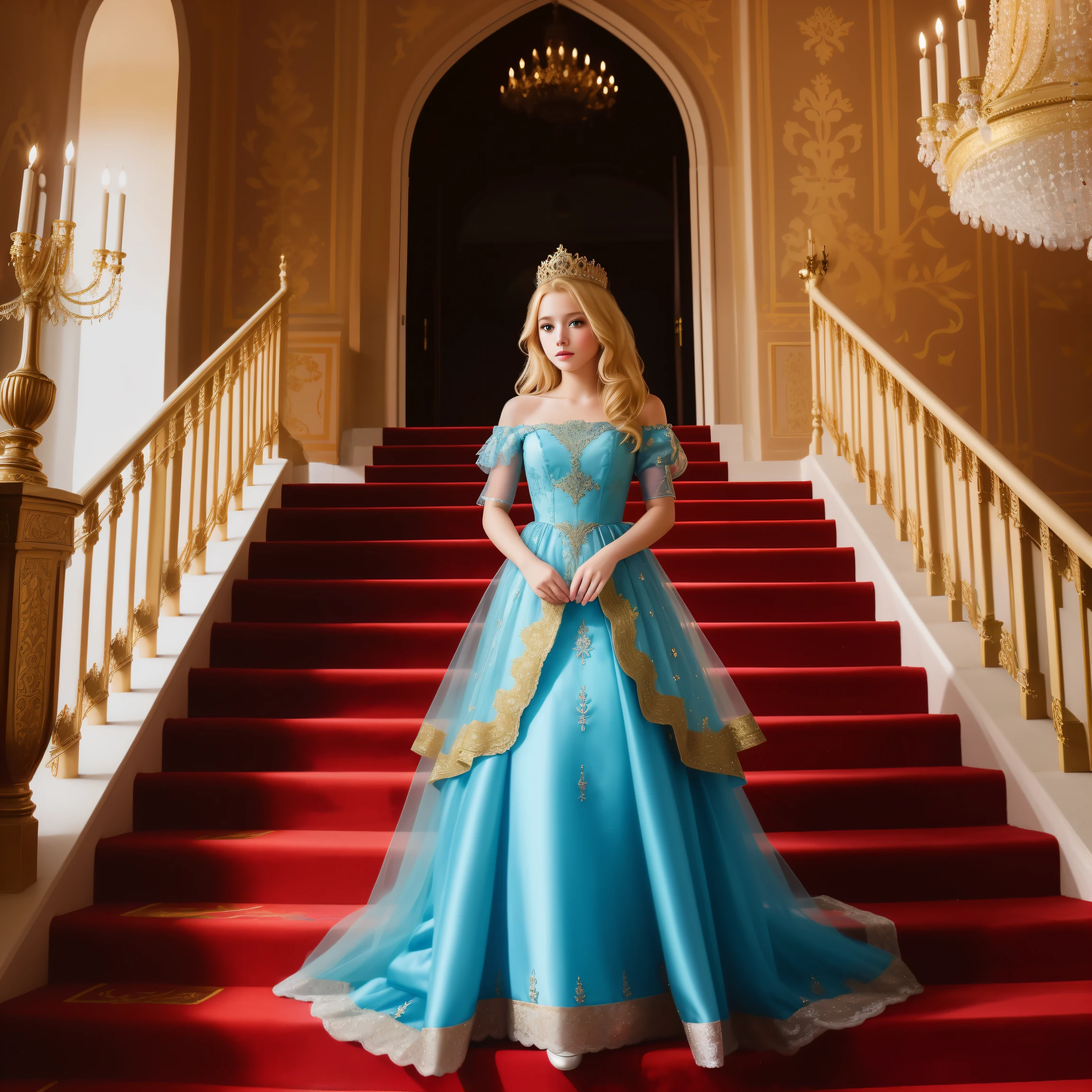 create and draw me a blonde princess for children with beautiful dress , she is in the beautiful castle , red carpet on the stairs, painting on the walls, beautiful face,