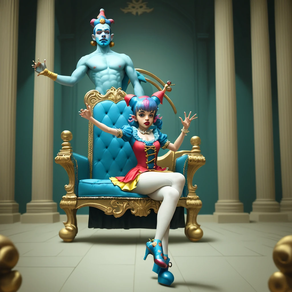 Melanie Martinez dancing around on the floor beautifully in her new music video titled, "Trickster", (stone statute, of a tall Godly man, dressed like a jester King, sitting on a giant throne),
