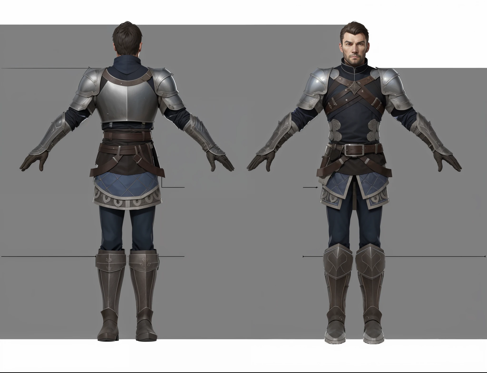 ( Realistic:1.33),(masterpiece:1.1),(highest quality:1.1),(HDR:1) a close up of a man with black armor and shoulder moonlit armor , full body concept, detailed full body concept, medieval imperial military style character, full body character concept, new costume concept design, full body details, detailed full body concept art, full character body, character model sheet turnaround, fullbody shot turnaround, concept character sheet, full body concept art, reference model sheet , full body concept art, soldier soviet style character, game character design, concept character, full body character concept art, 3d character reference sheet, male, video game character concept, detailed character design, character sheet, character model sheet turnaround , front and back, front and back, Imperial military cloth, dark costume, medieval blue Gambeson, (leather glove, leather boot armor), gambeson, black leather belt, moonlit shoulder armor, grey clean background, 3D character