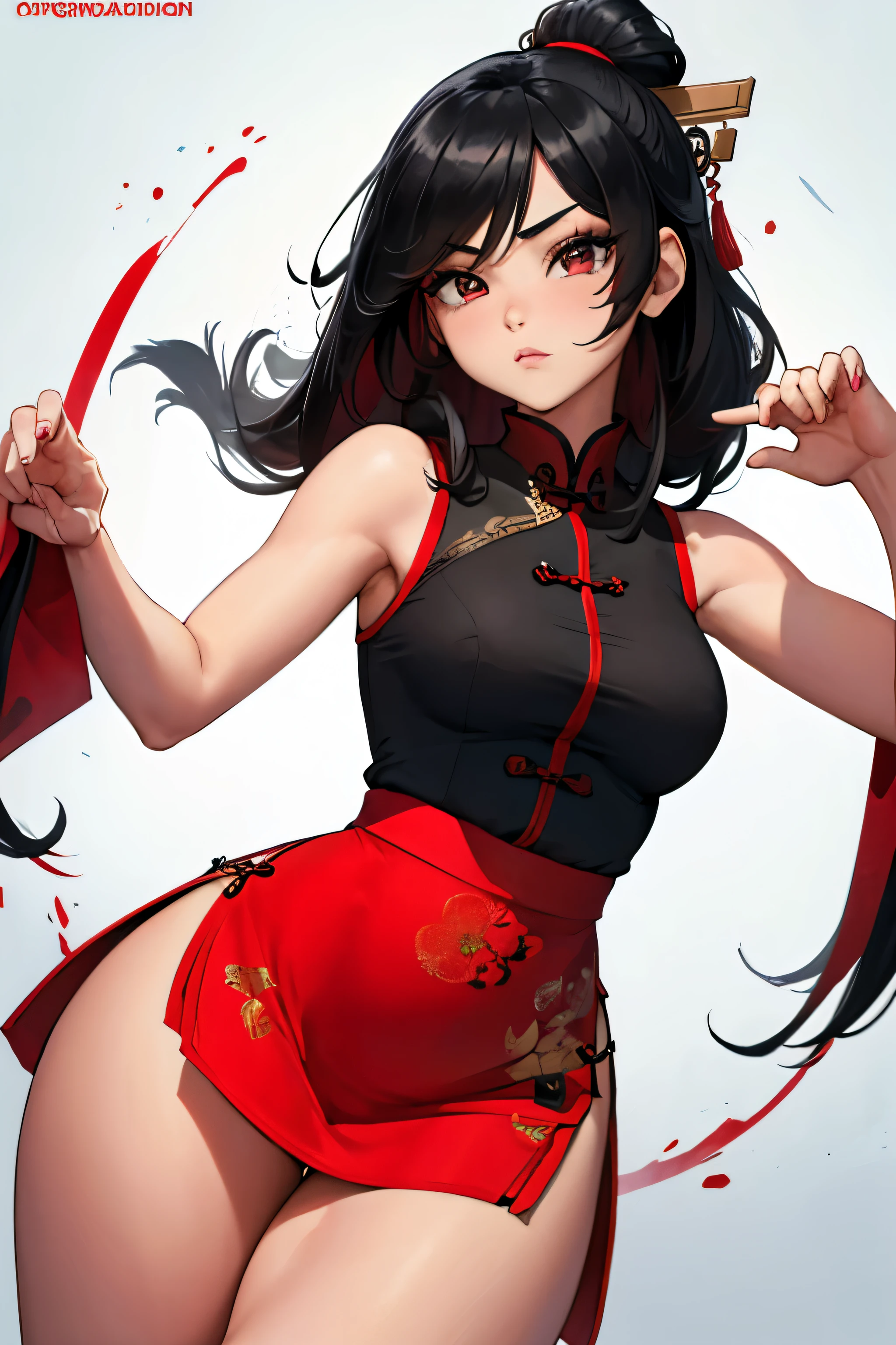 Chinese girl in fighting position, cute Chinese eyes (black cute Chinese eyes), long straight hair (black hair, Chinese hairstyle), nice physique (hourglass body, narrow waist. thick thighs), red qipao top (sleeveless red qipao top), high waisted skirt