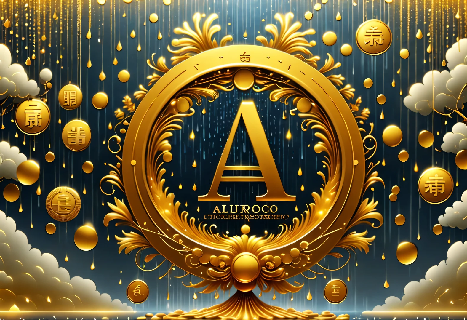 Gorgeous wallpaper design,(It's raining like crazy,There are lots and lots of golden letters:1.37),Threaded gold coins pour down like heavy rain,(Many vertical transparent English letters &Quote;AI&Quote; Width),Golden transparent English letters &Quote;AI&Quote; ,Display English letters vertically &Quote;AI&Quote; ,There is a golden Chinese dragon curled up in a small circle in the center,Dynamic action style,Background blue technology laser,