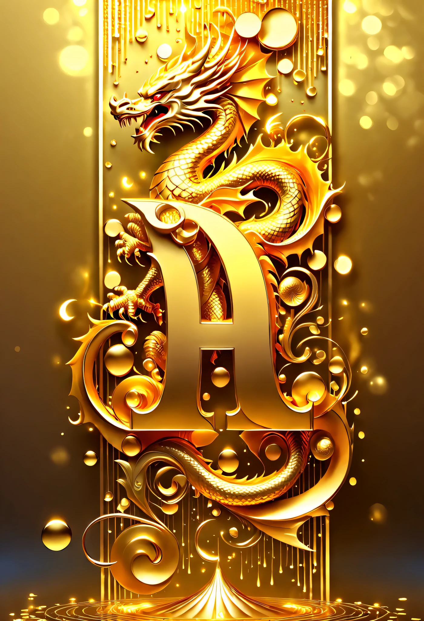 Gorgeous wallpaper design, (many, many, many golden letters pouring down in the sky: 1.37), gold lines and heavy rain carved with AI coins pouring down, many vertical transparent English letters "AI" width), (Golden transparent English letters "A&I"), (English letters displayed horizontally "AI"), Golden waves, There is a small ring in the middle,It has a golden Chinese dragon on it, dynamic action, and blue technology laser background,beautiful details,Ultra-clear,quality,