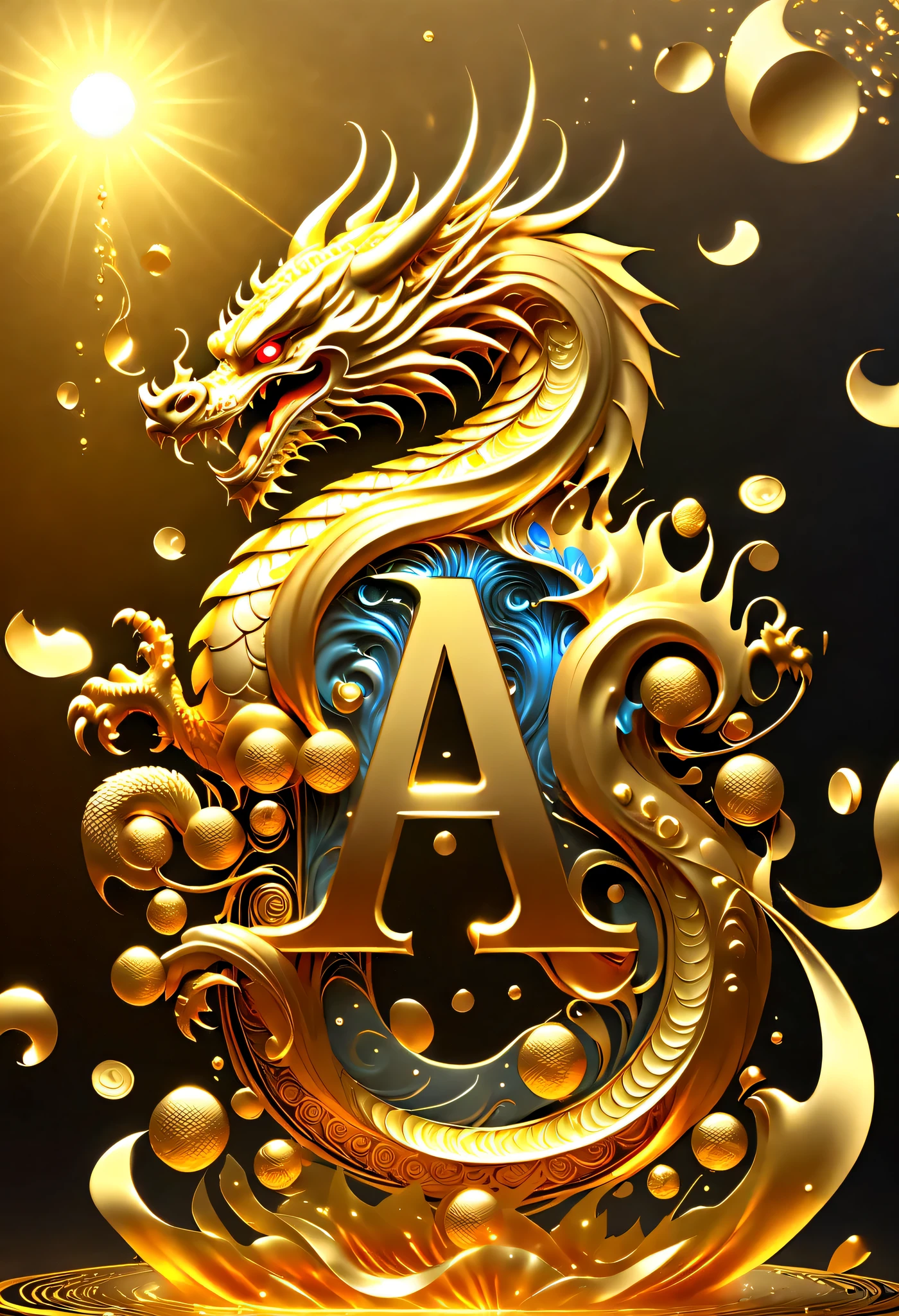 Gorgeous wallpaper design, (many, many, many golden letters pouring down in the sky: 1.37), gold lines and heavy rain carved with AI coins pouring down, many vertical transparent English letters "AI" width), (Golden transparent English letters "A&I"), (English letters displayed horizontally "AI"), Golden waves, There is a small ring in the middle，It has a golden Chinese dragon on it, dynamic action, and blue technology laser background,beautiful details，Ultra-clear，quality，