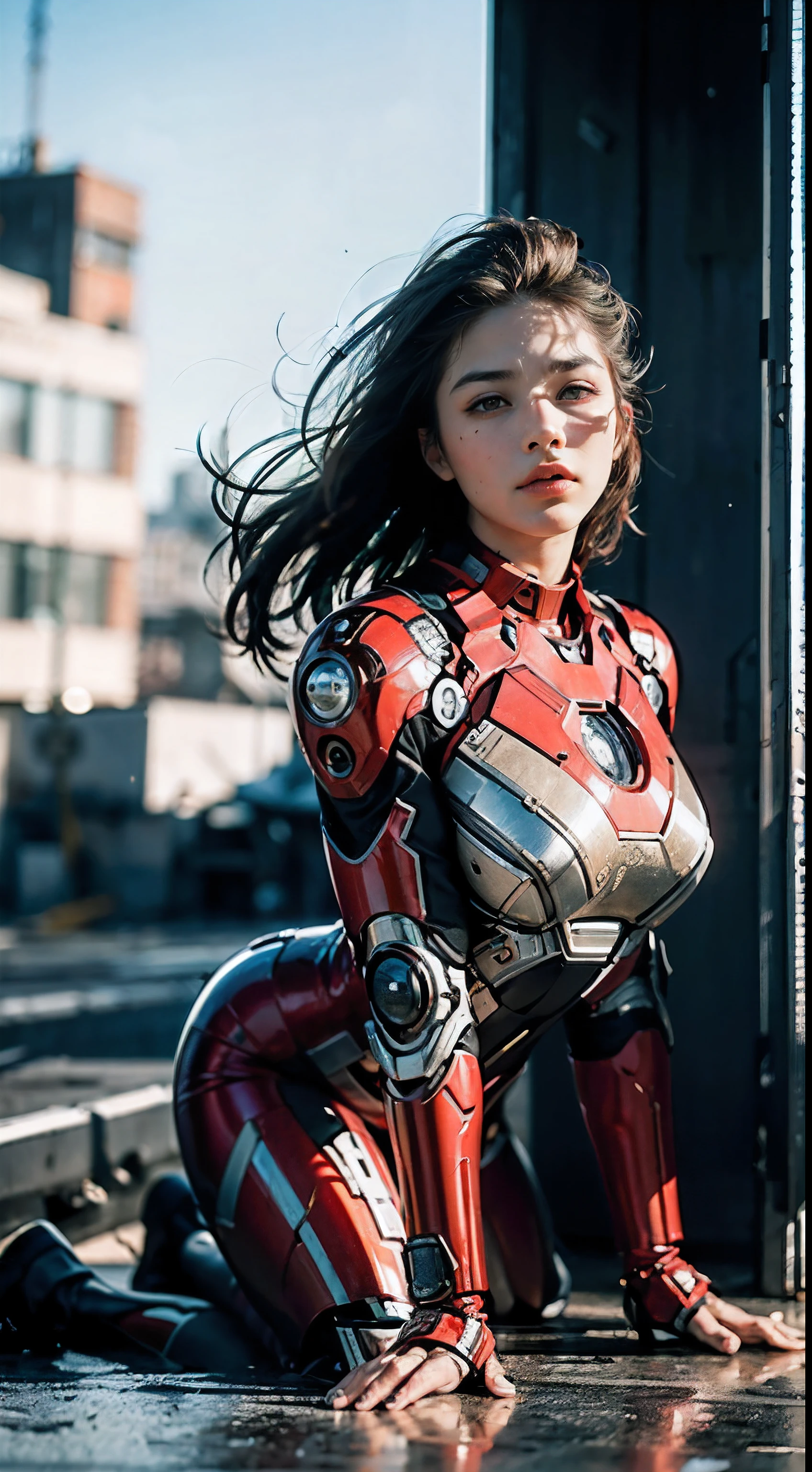 (1girl:1.3), solo,__body-parts__, official art, unity 8k wallpaper, ultra detailed, beautiful and aesthetic, beautiful, masterpiece, best quality, RAW, masterpiece, super fine photo,, best quality, super high Resolution, photorealistic, sunlight, full body portrait, stunningly beautiful,, dynamic pose, delicate face, vibrant eyes, (side view), she is wearing a futuristic Iron Man mech, red and gold, Highly detailed abandoned warehouse background, detailed face, detailed complex busy background, messy, gorgeous, milky, high detailed skin, realistic skin details, visible pores, sharp focus, volumetric fog, 8k uhd, dslr camera, High quality, film grain, fair skin, photorealism, lomography, sprawling metropolis in a futuristic dystopia, view from below, translucent