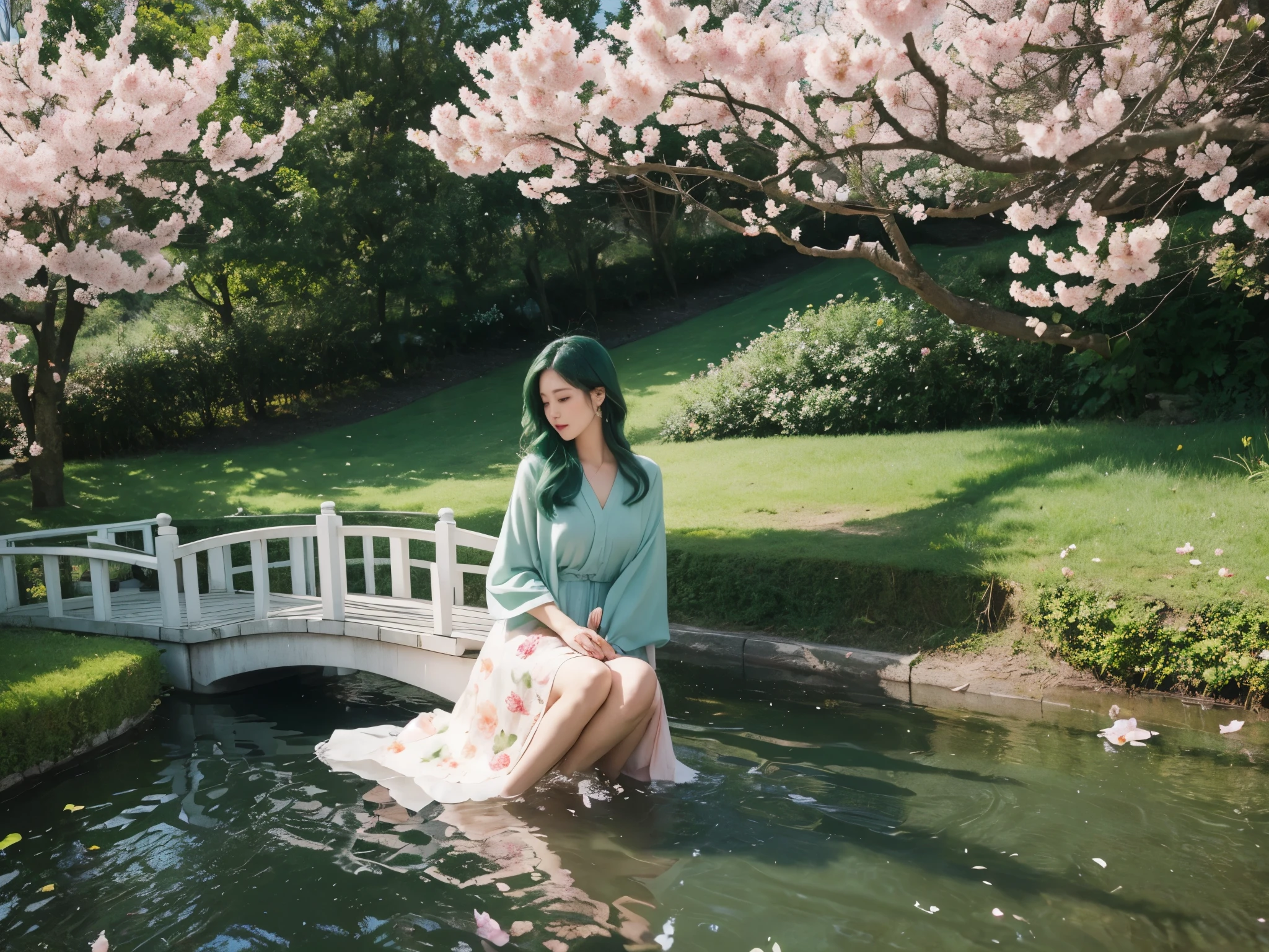beautiful woman，Soft，Funeral flowers，Under the peach blossom tree，There are petals on the ground，Dark green hair，Small bridge and flowing water